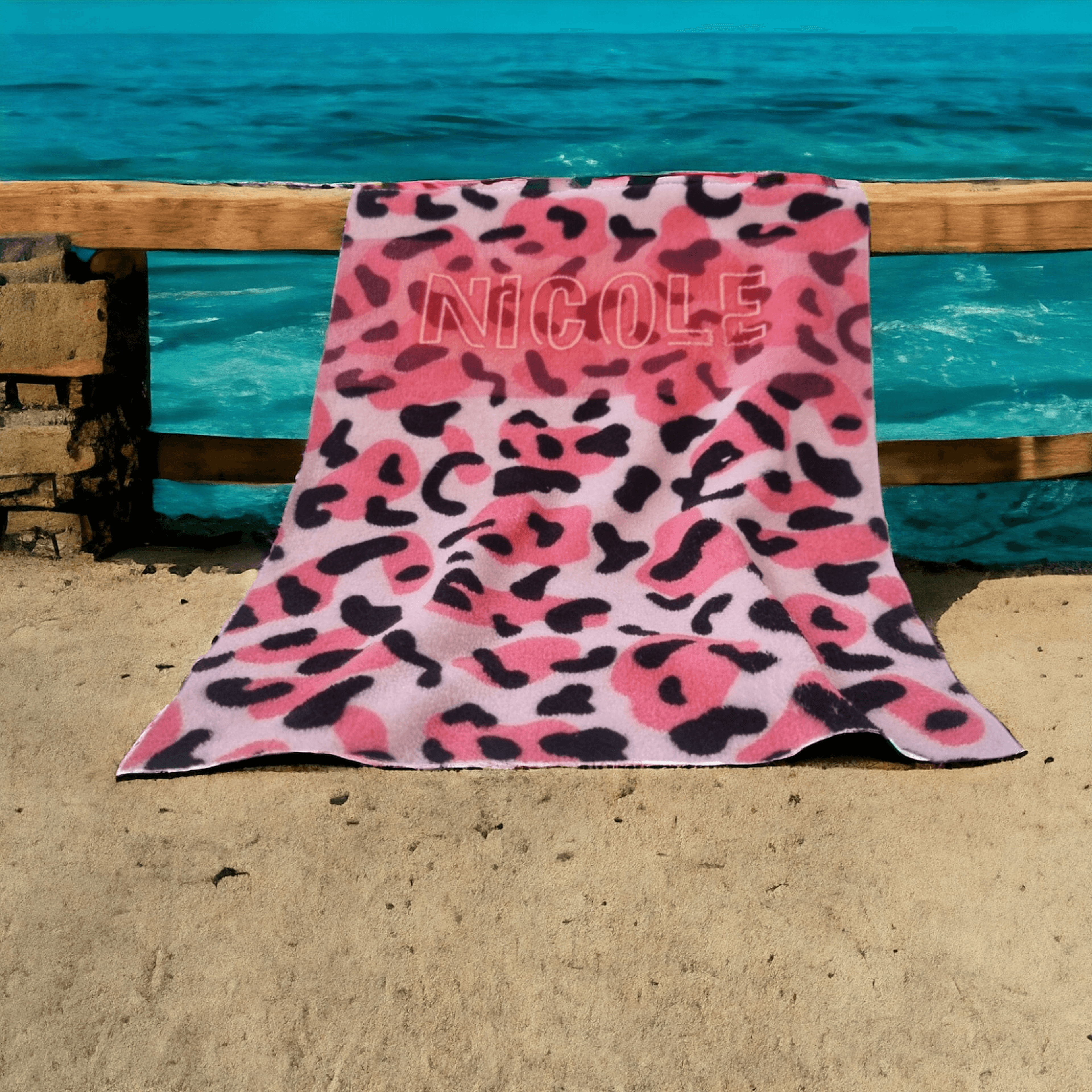 personalized leopard beach towel with name – custom summer pool towel gift for girlfriend & partner