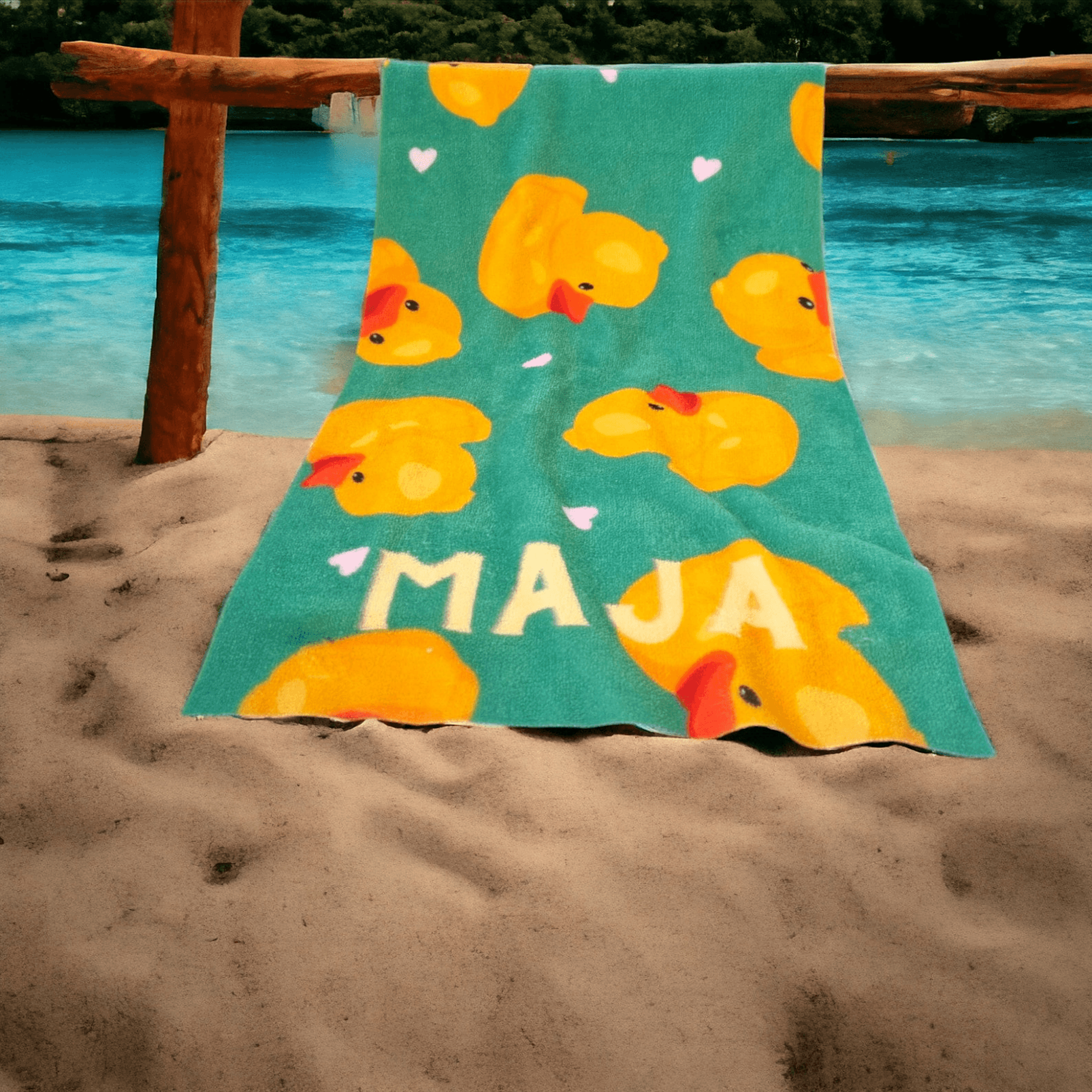 personalized rubber duck beach towel with name – custom summer pool towel for vacations & birthday gifts