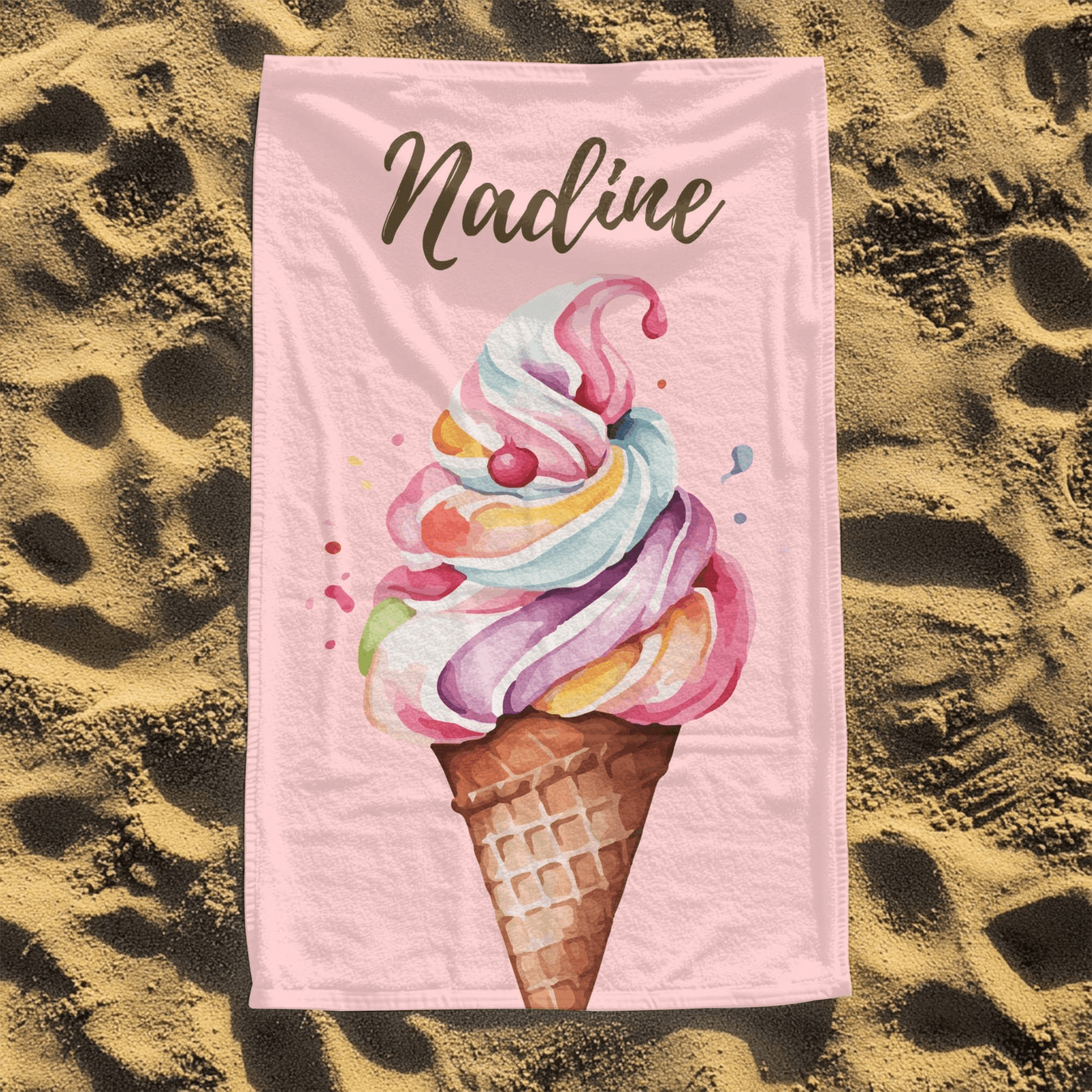 personalized ice cream beach towel with name – custom summer bath & pool towel for vacations