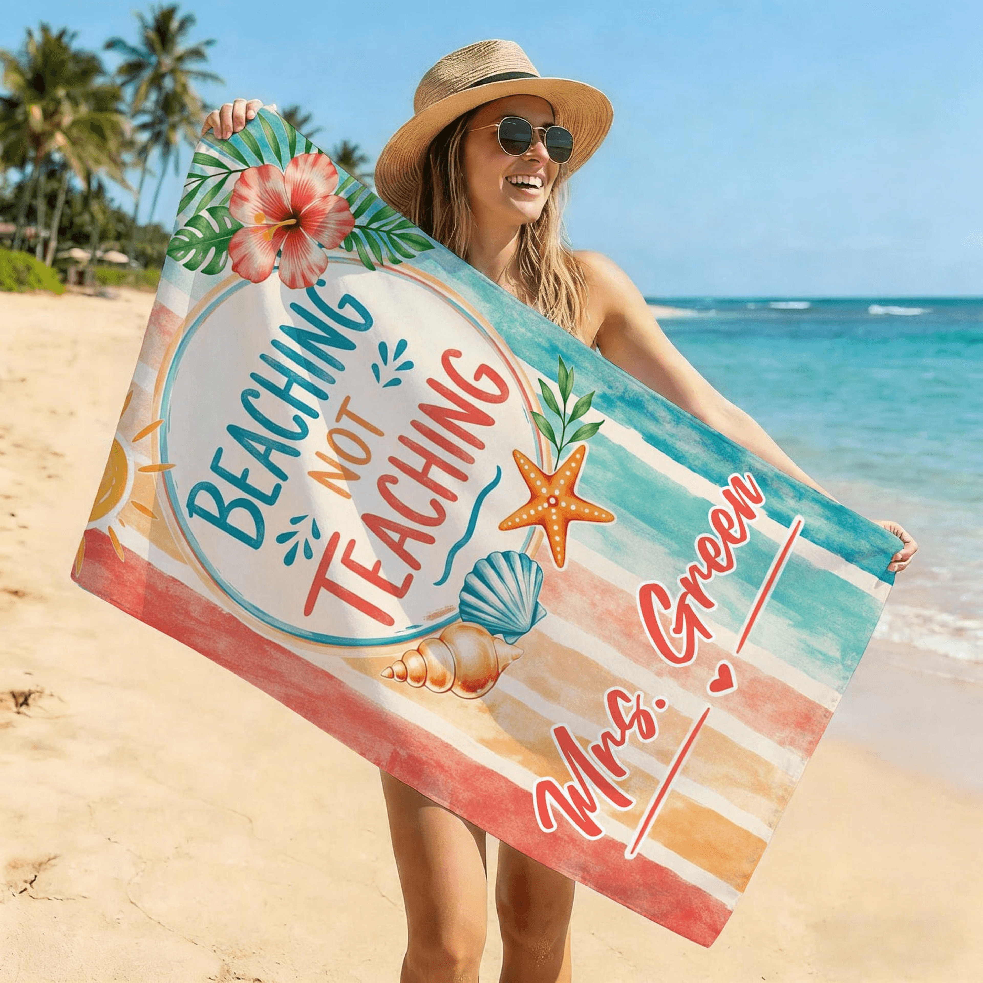 personalized teacher beach towel beaching not teaching retirement vacation gift