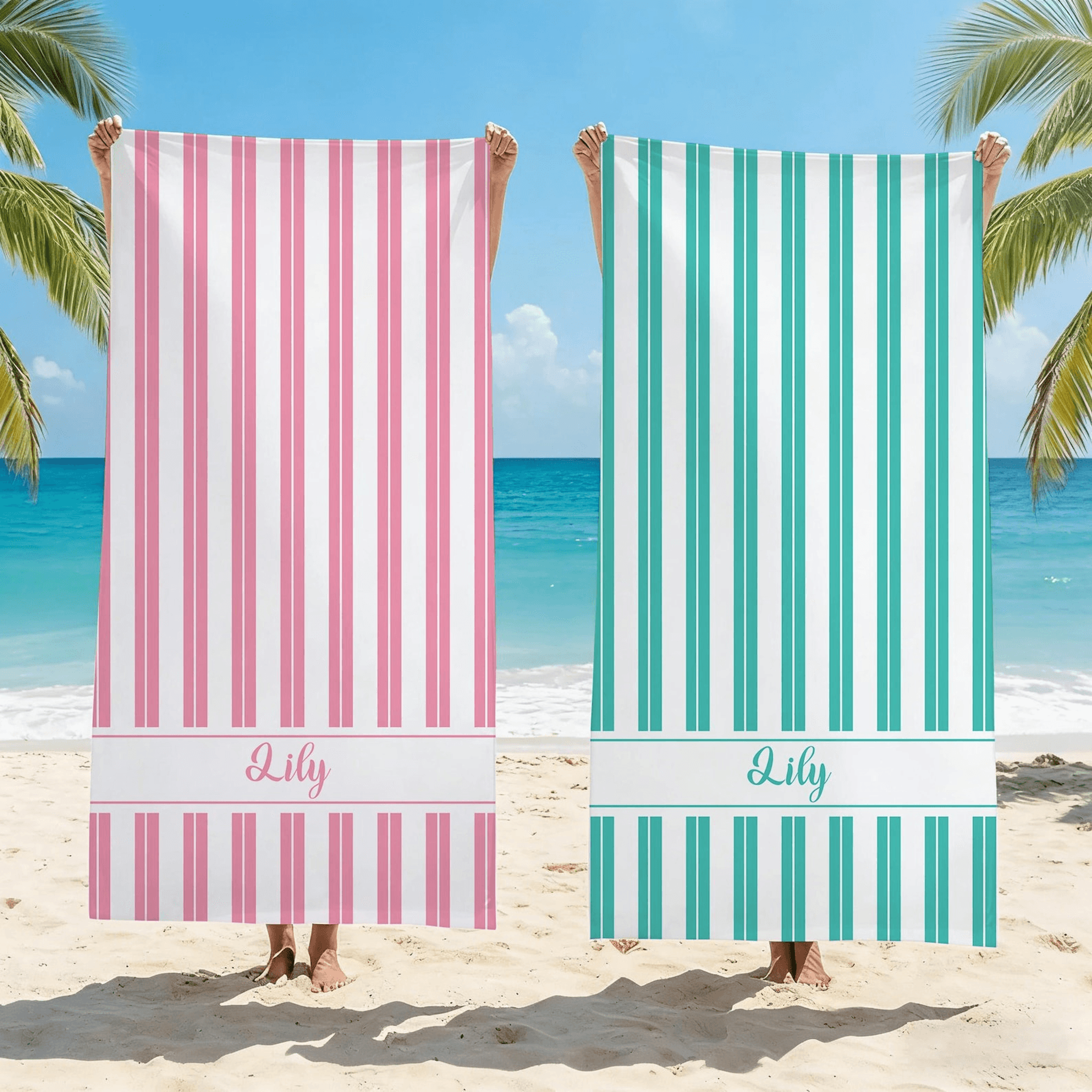 custom pink white striped beach towel personalized quick dry beach towel gift