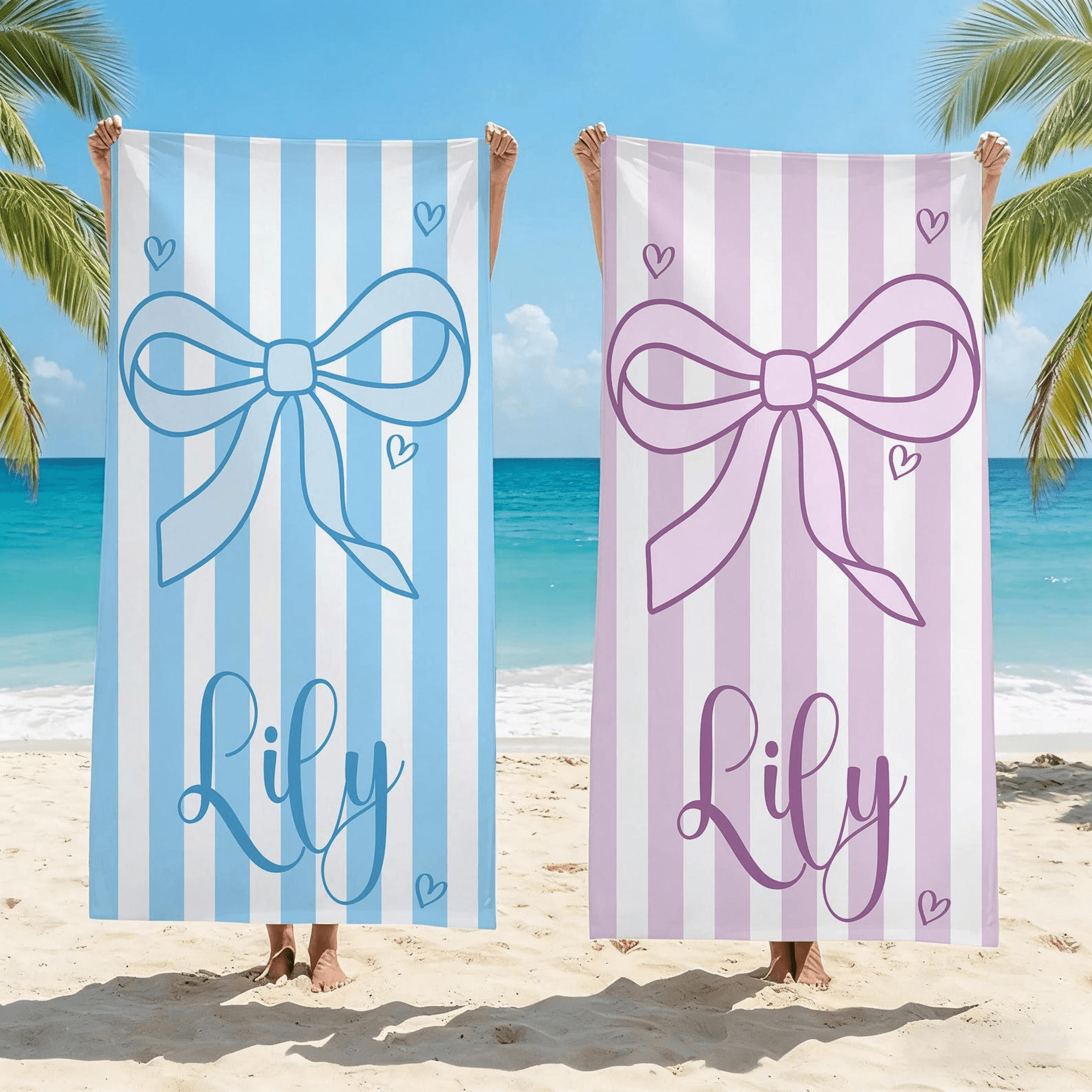 custom name bow striped beach towel personalized summer vacation quick dry towel for girls
