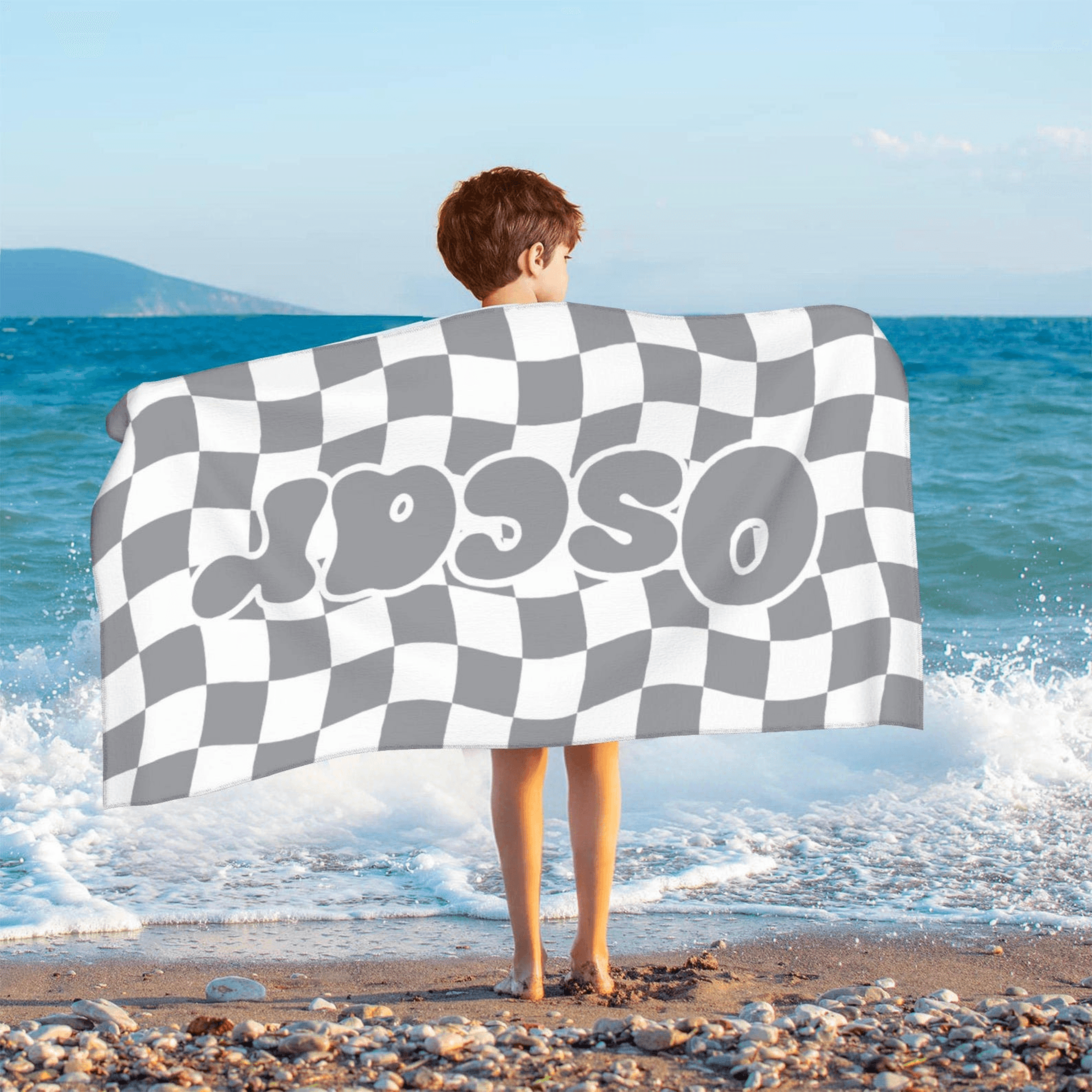custom name retro groovy plaid beach towel personalized checkered vacation gift