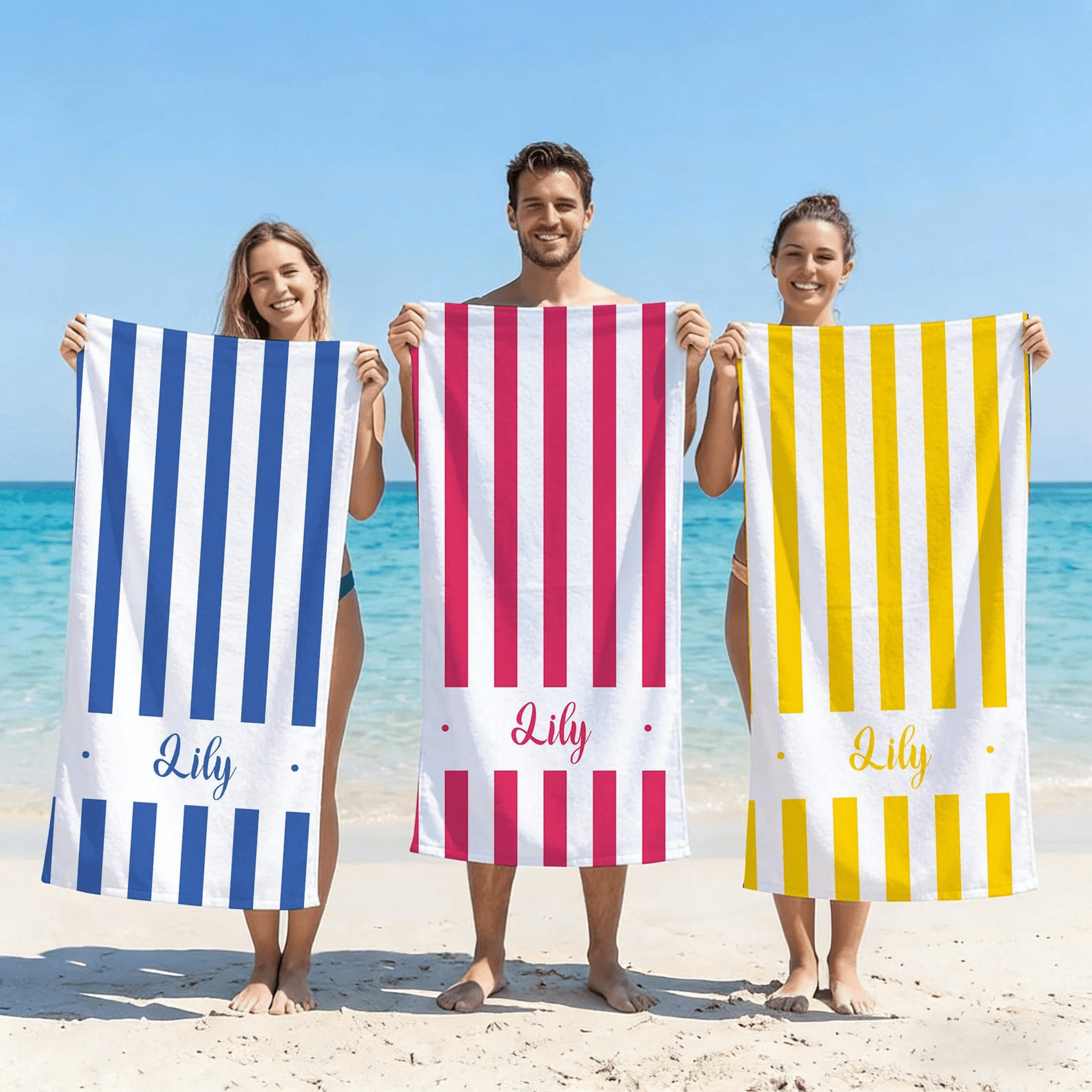 custom pink white striped beach towel personalized quick dry beach gift