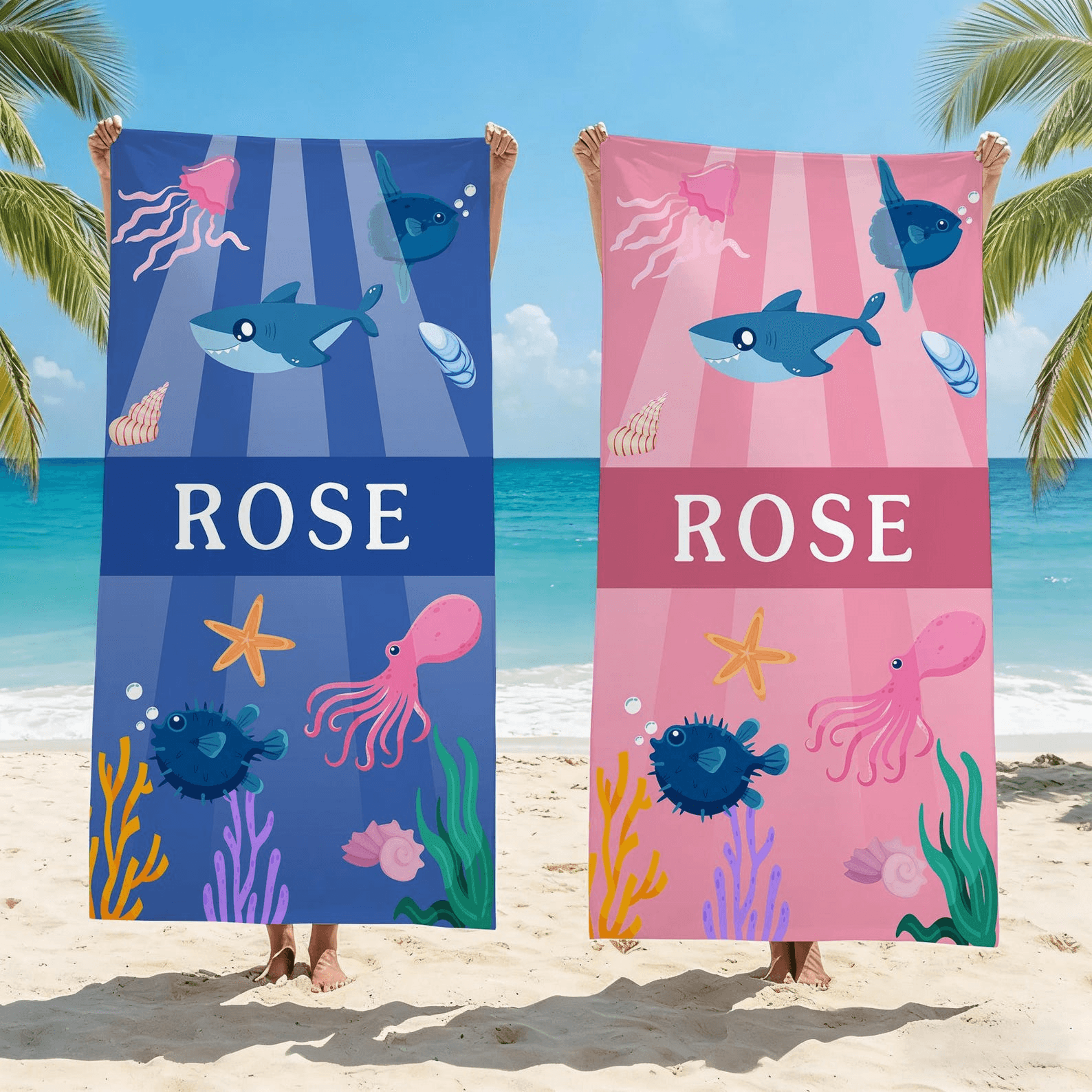 personalized ocean theme beach towel custom ocean animals vacation gift