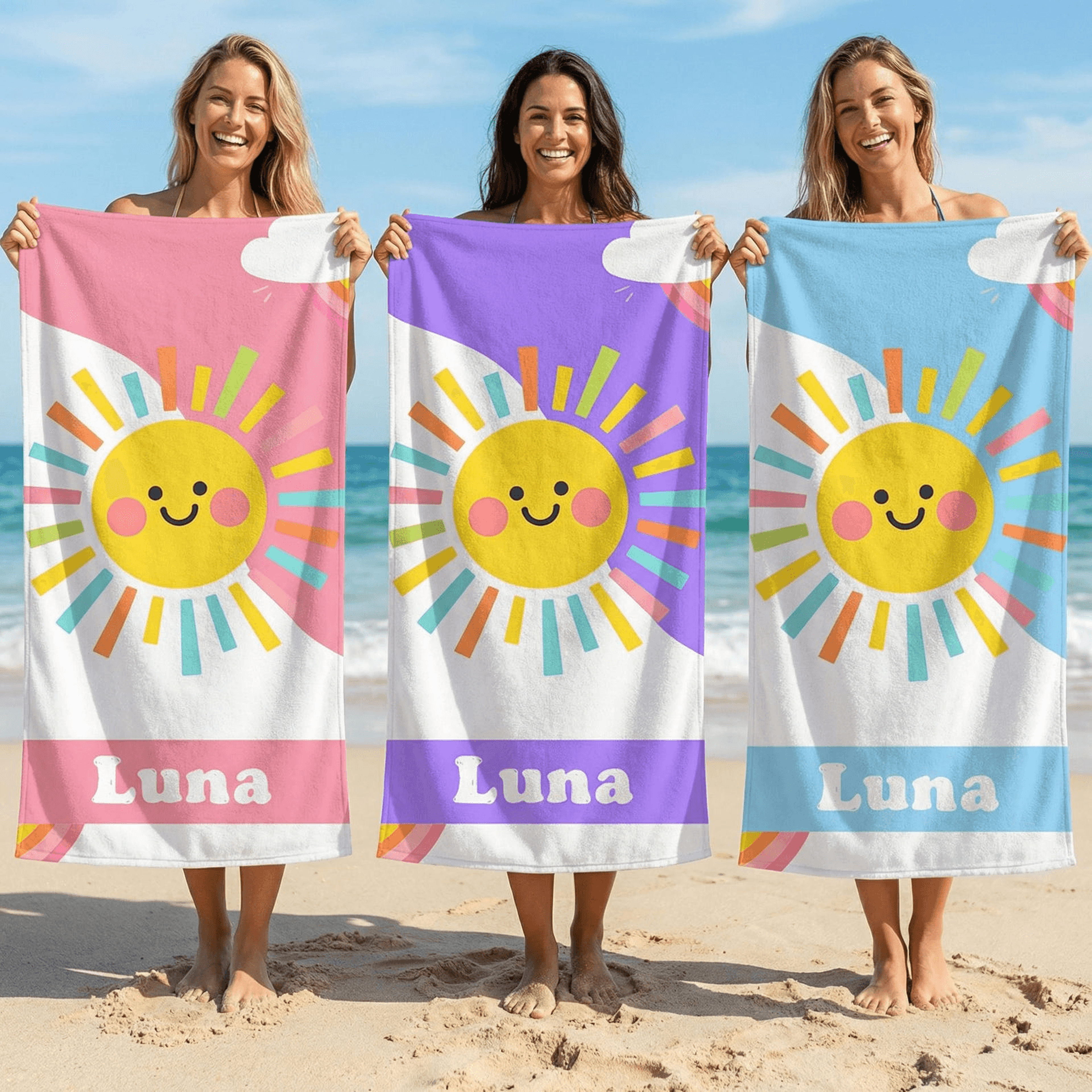 personalized smiling sun beach towel with custom name for kids summer adventures