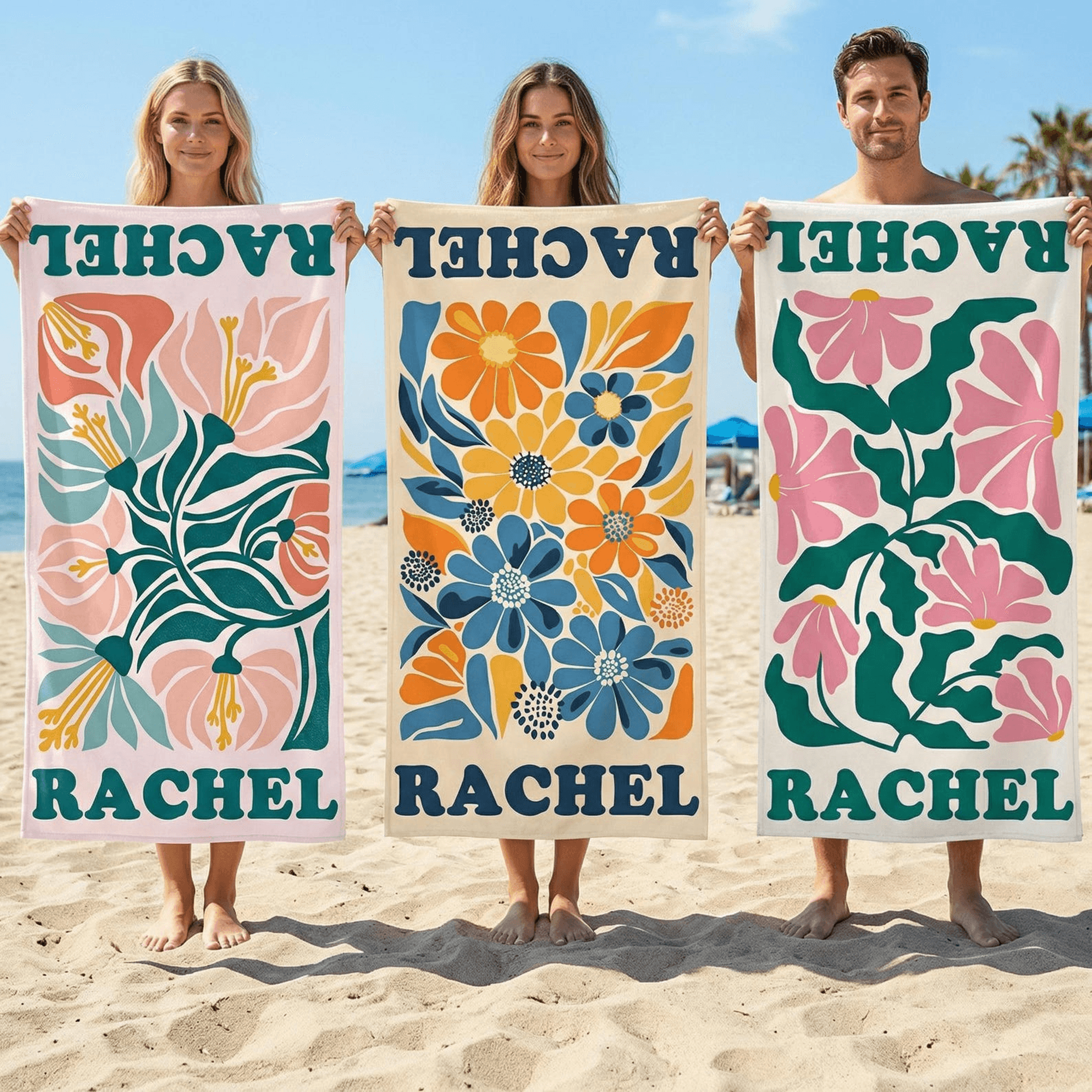 personalized retro groovy floral beach towel with custom name for summer vacations