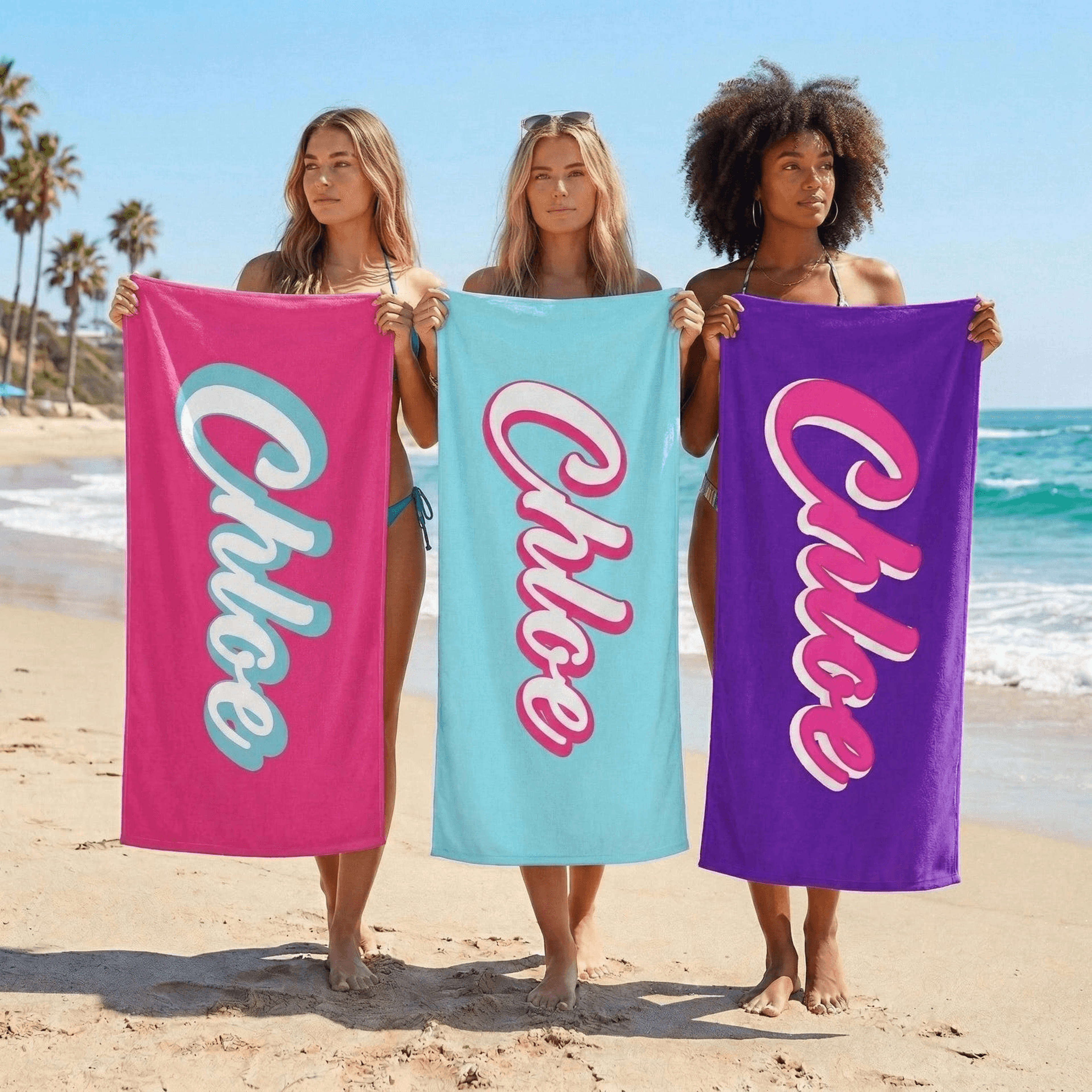 personalized retro groovy beach towel with custom name for summer vacations