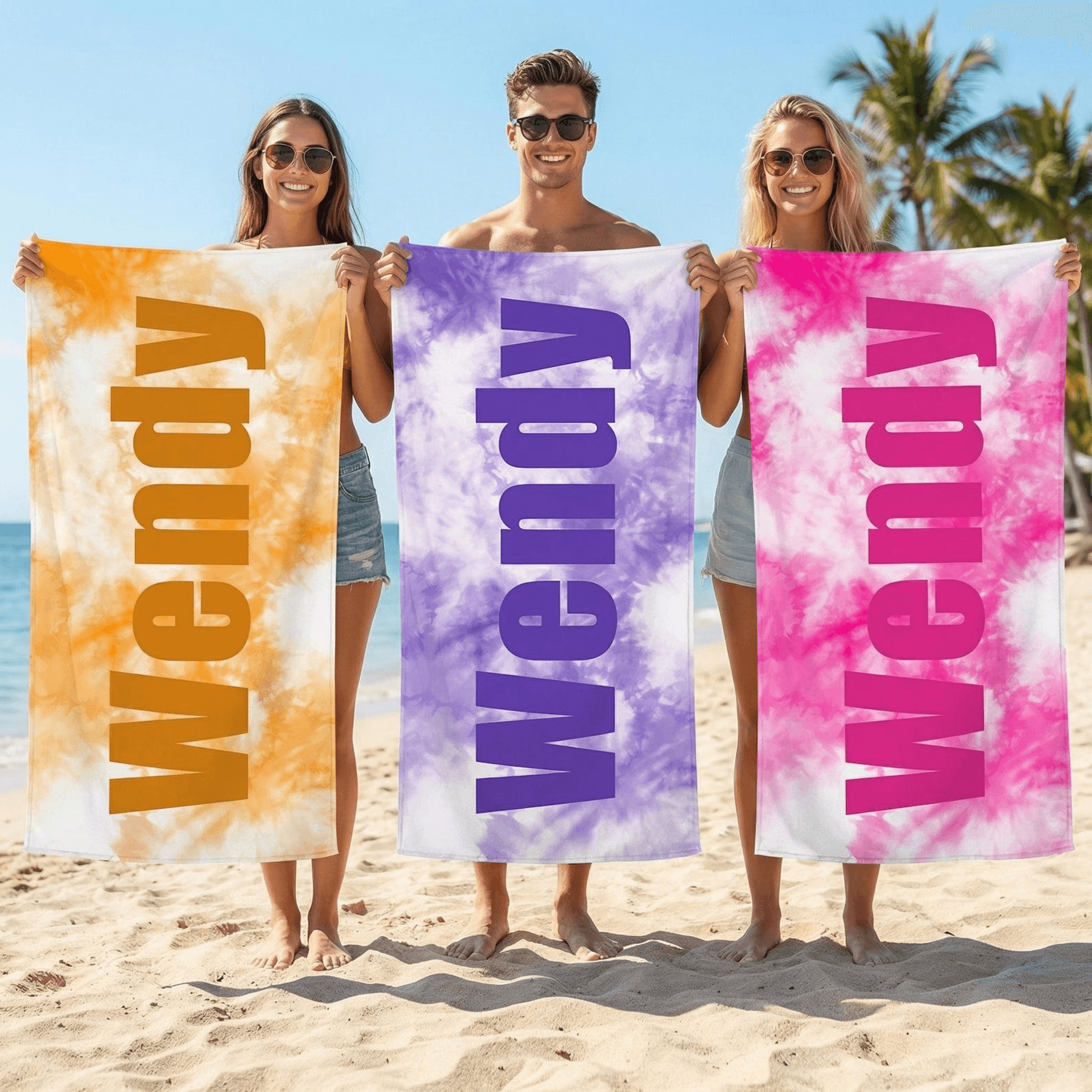 personalized tie dye beach towel with custom name for summer vacations