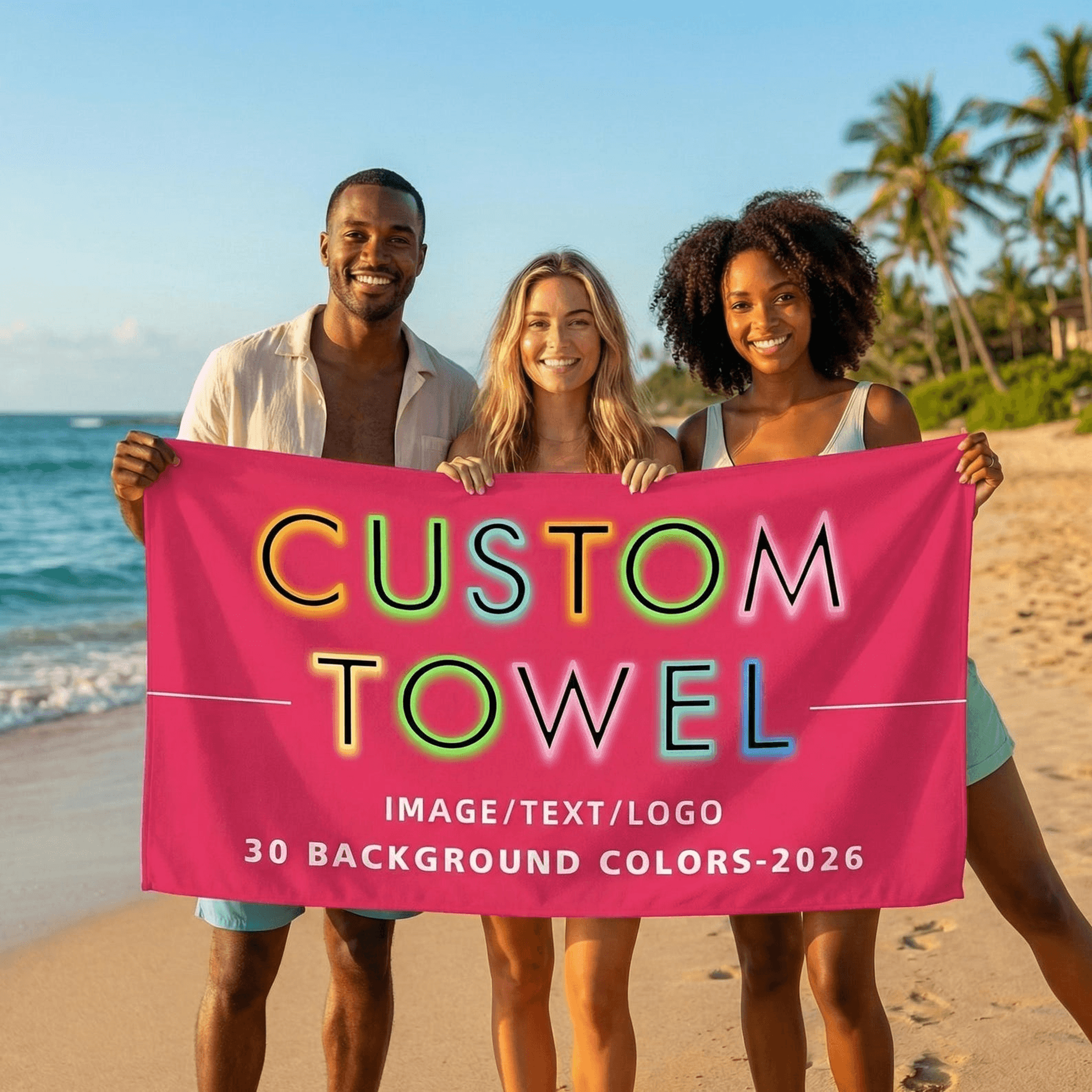 custom beach towel with photo, logo, text or design personalized summer vacation towel