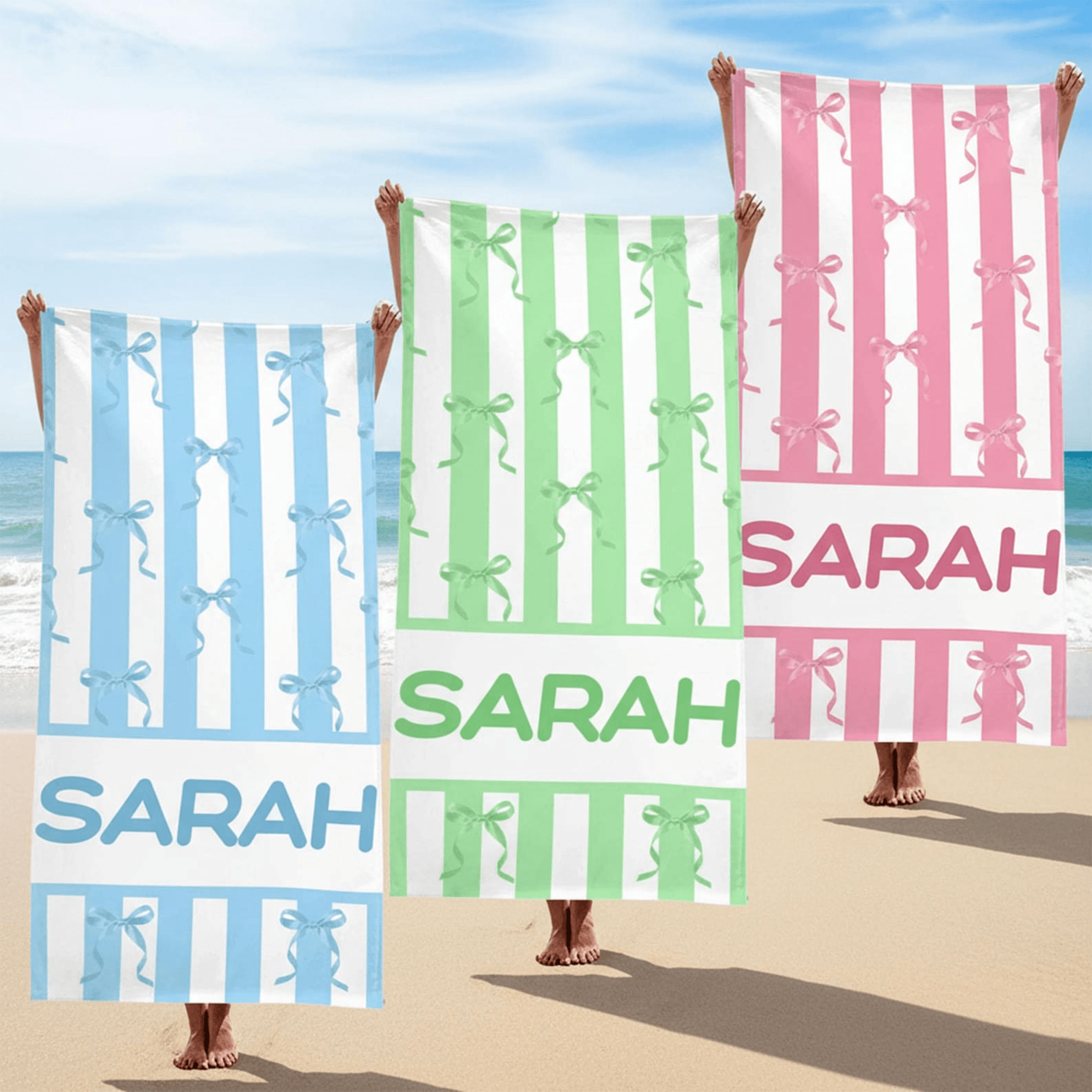 personalized bow beach towel with custom name and striped design for summer vacations