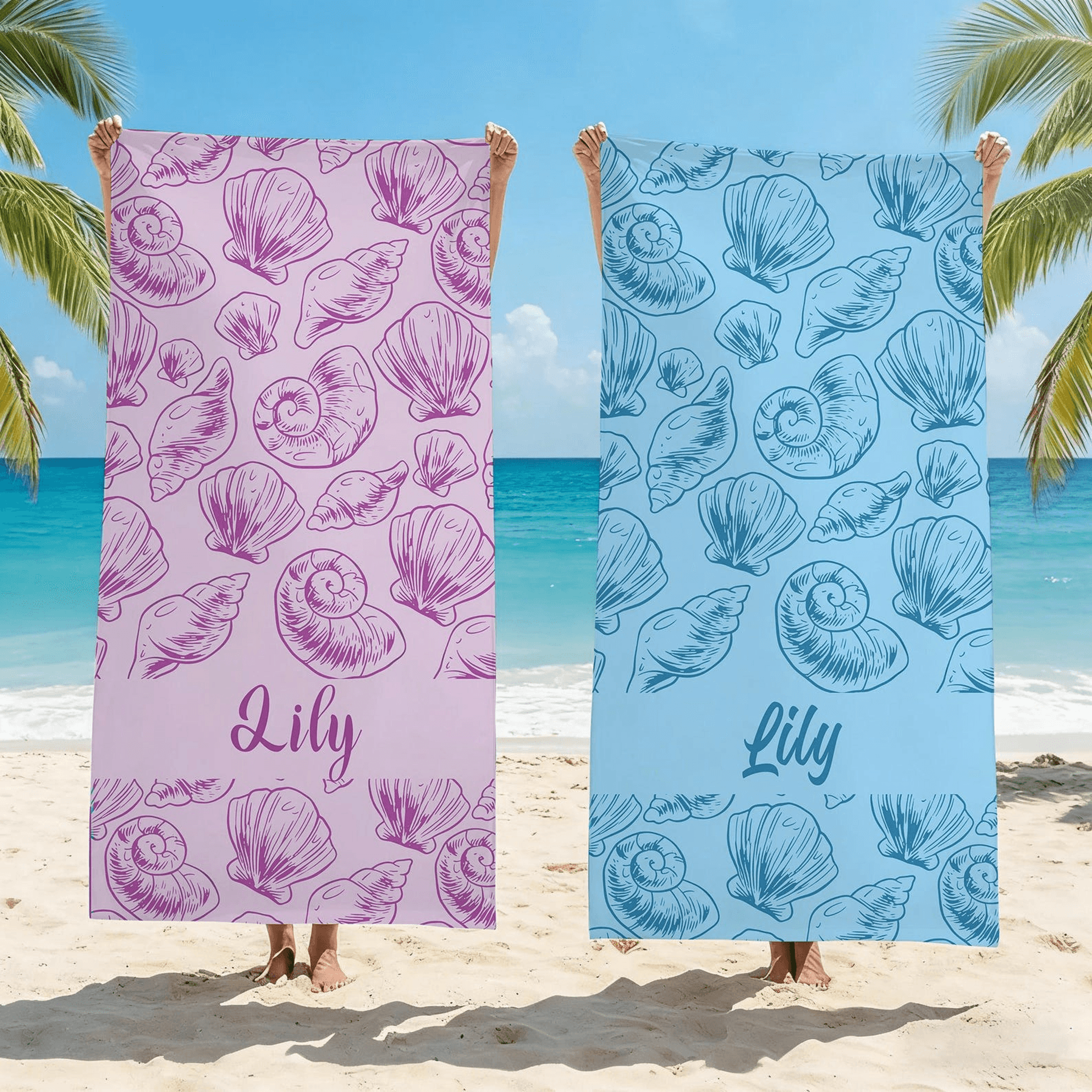 personalized seashell striped beach towel with custom name for kids summer vacations