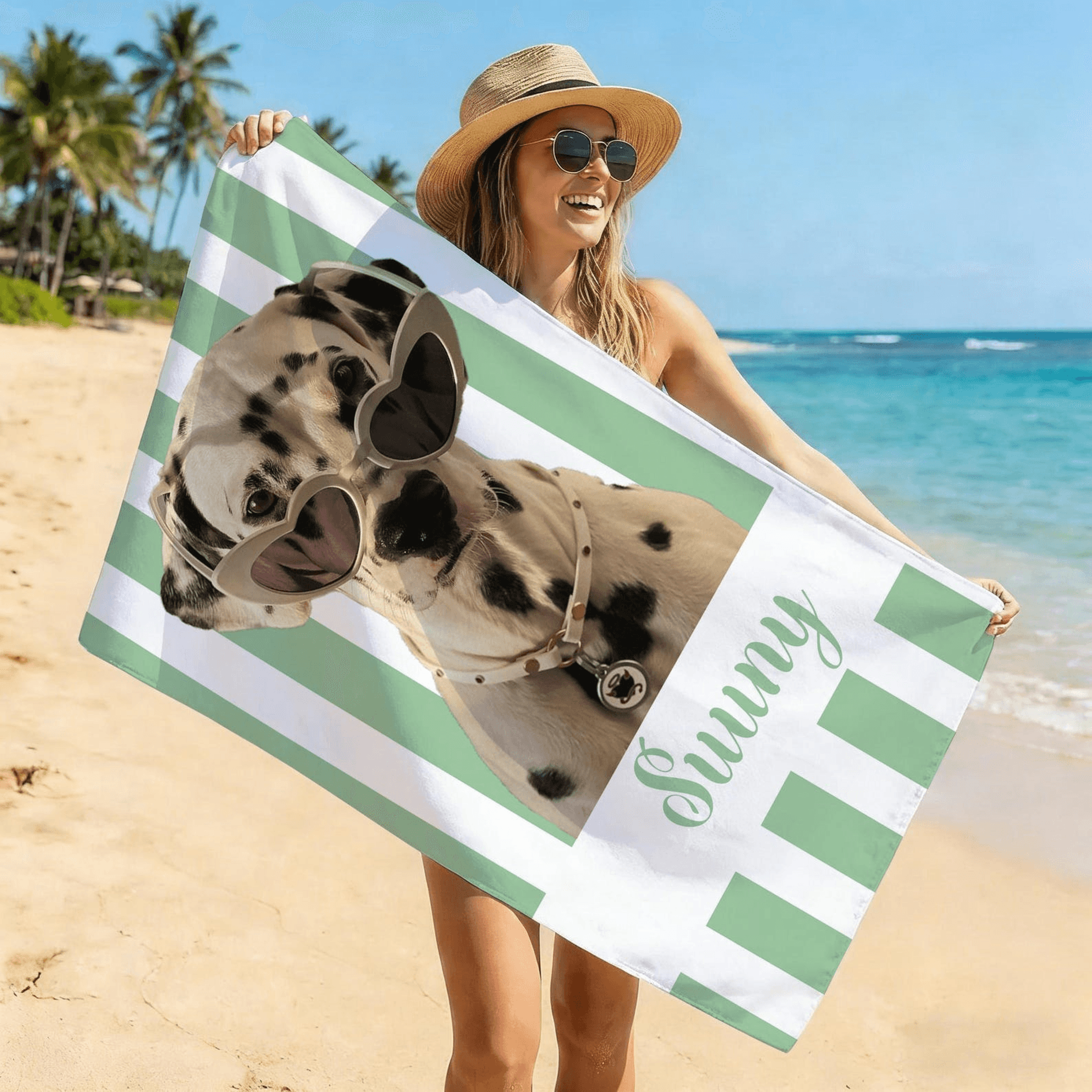 personalized pet photo beach towel with custom dog picture and name