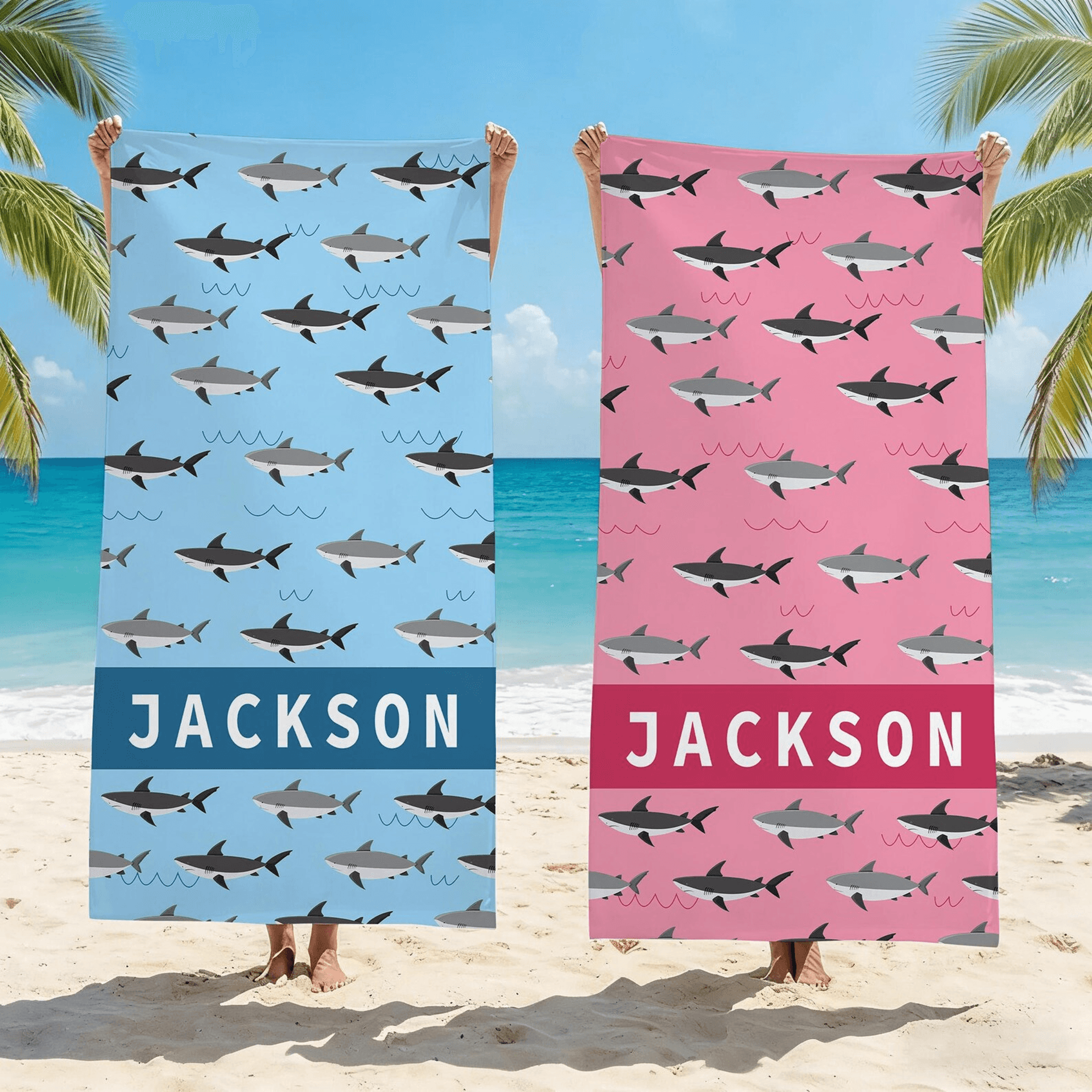 personalized shark beach towel with custom name for kids summer vacations
