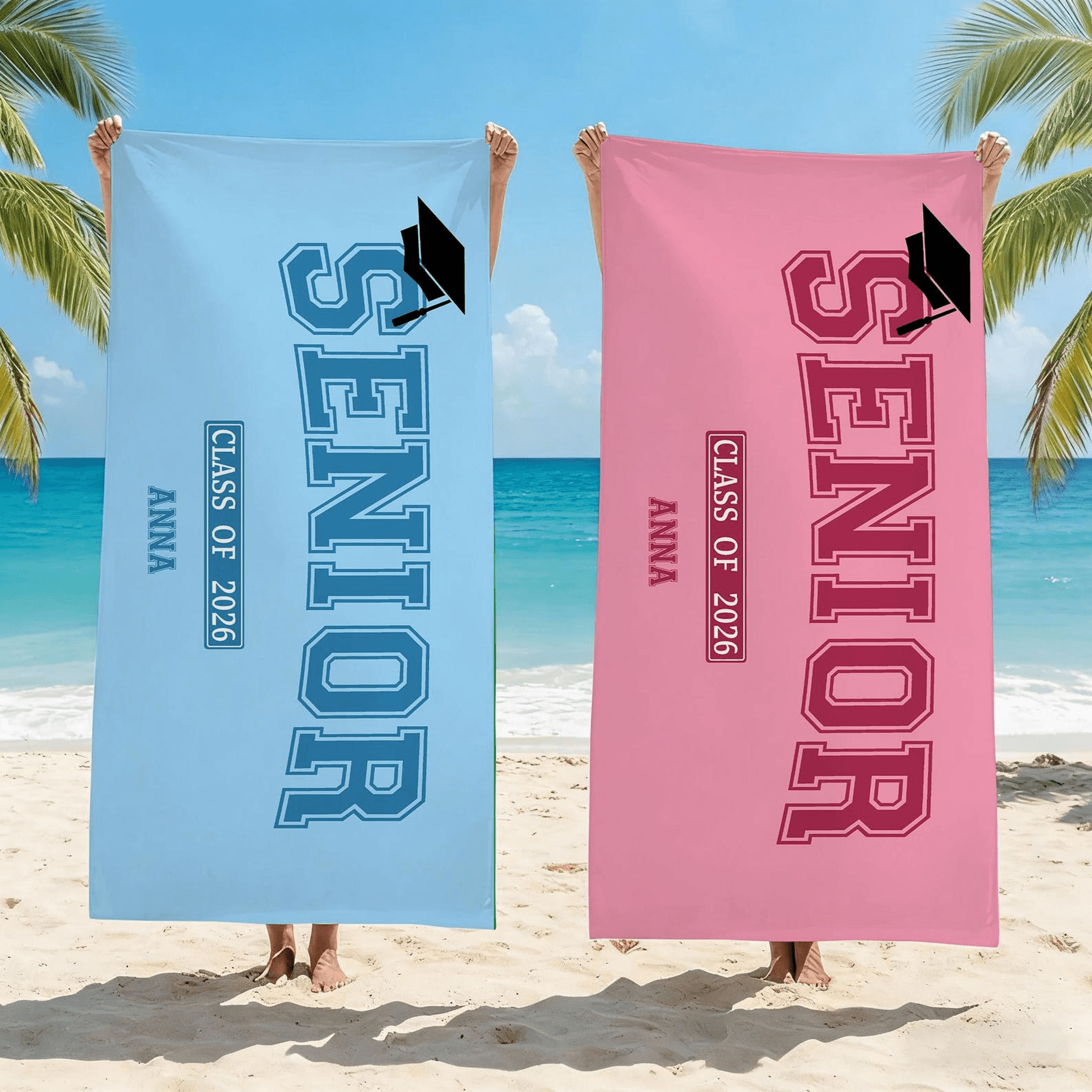 personalized senior 2026 beach towel with custom name graduation gift