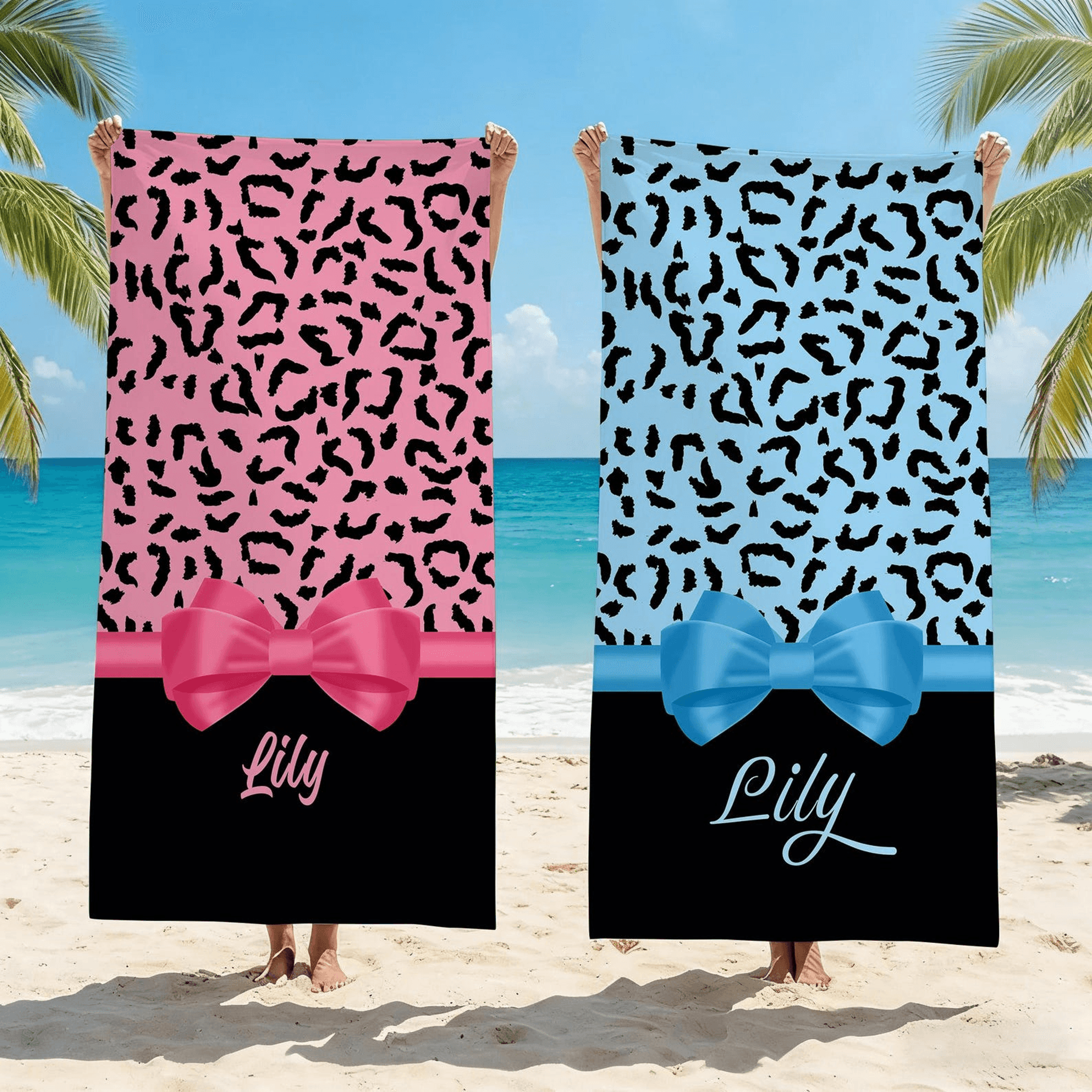 personalized leopard beach towel with custom name for summer vacations