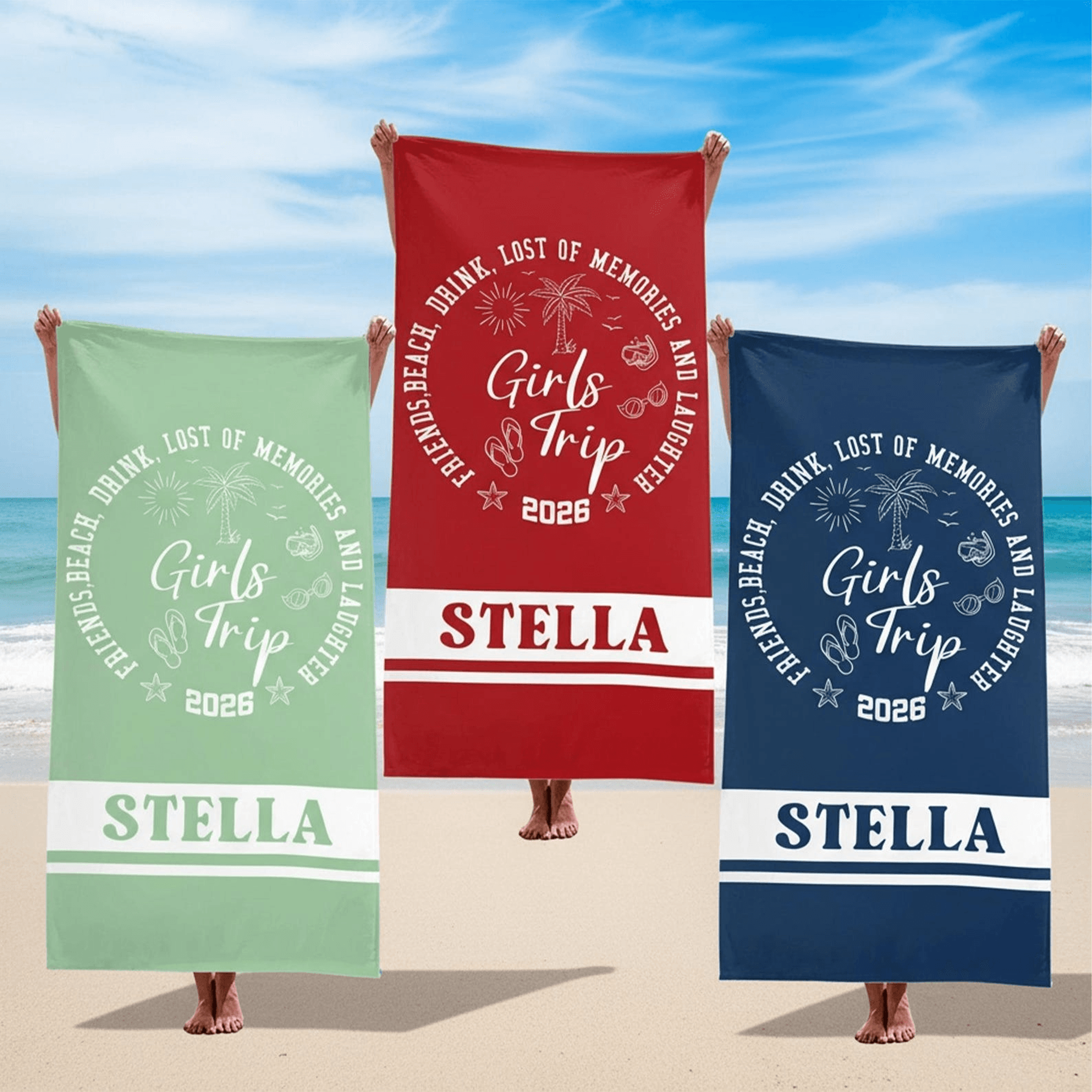 personalized girls trip 2026 beach towel with custom name for vacation getaways