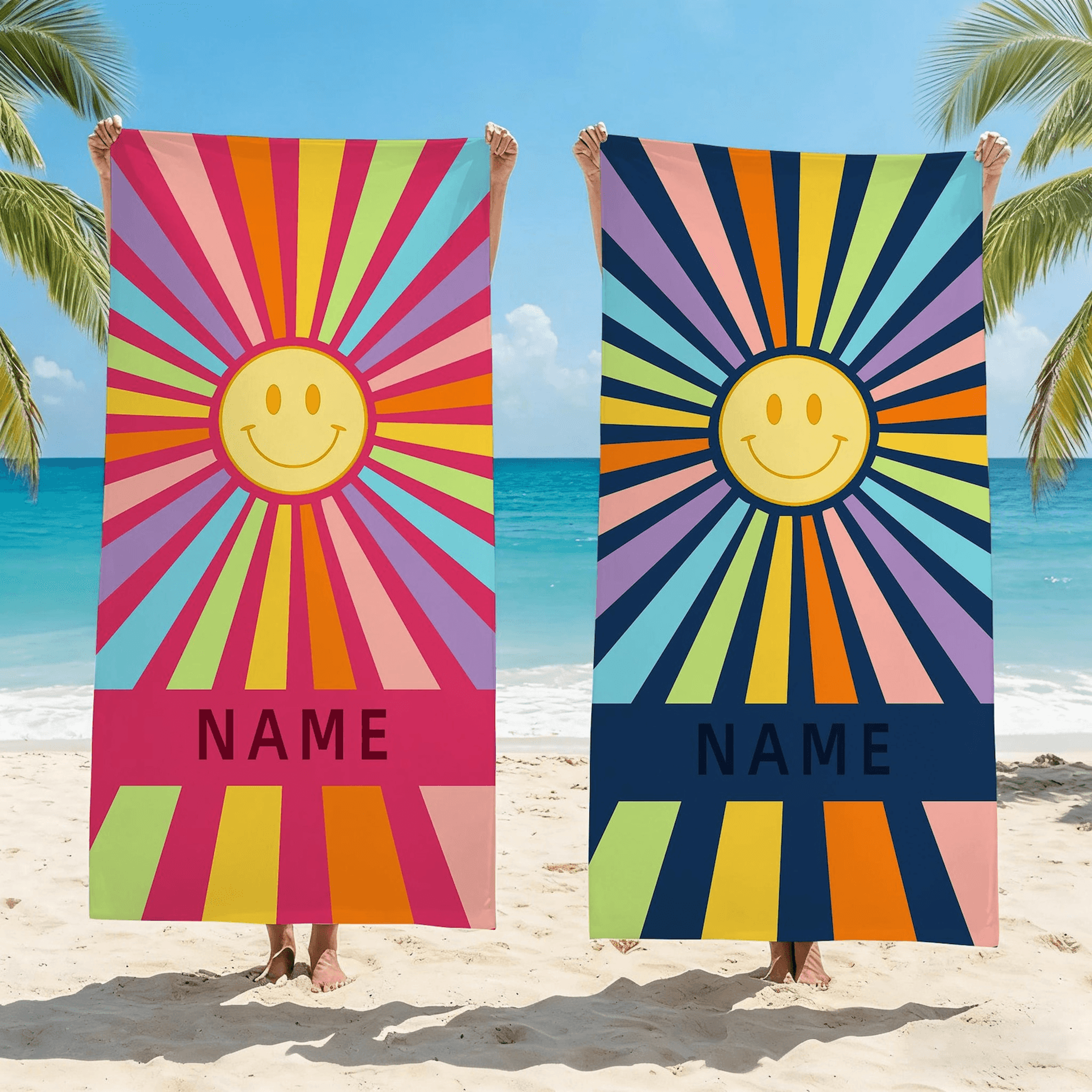 personalized sun print beach towel with custom name for summer vacations