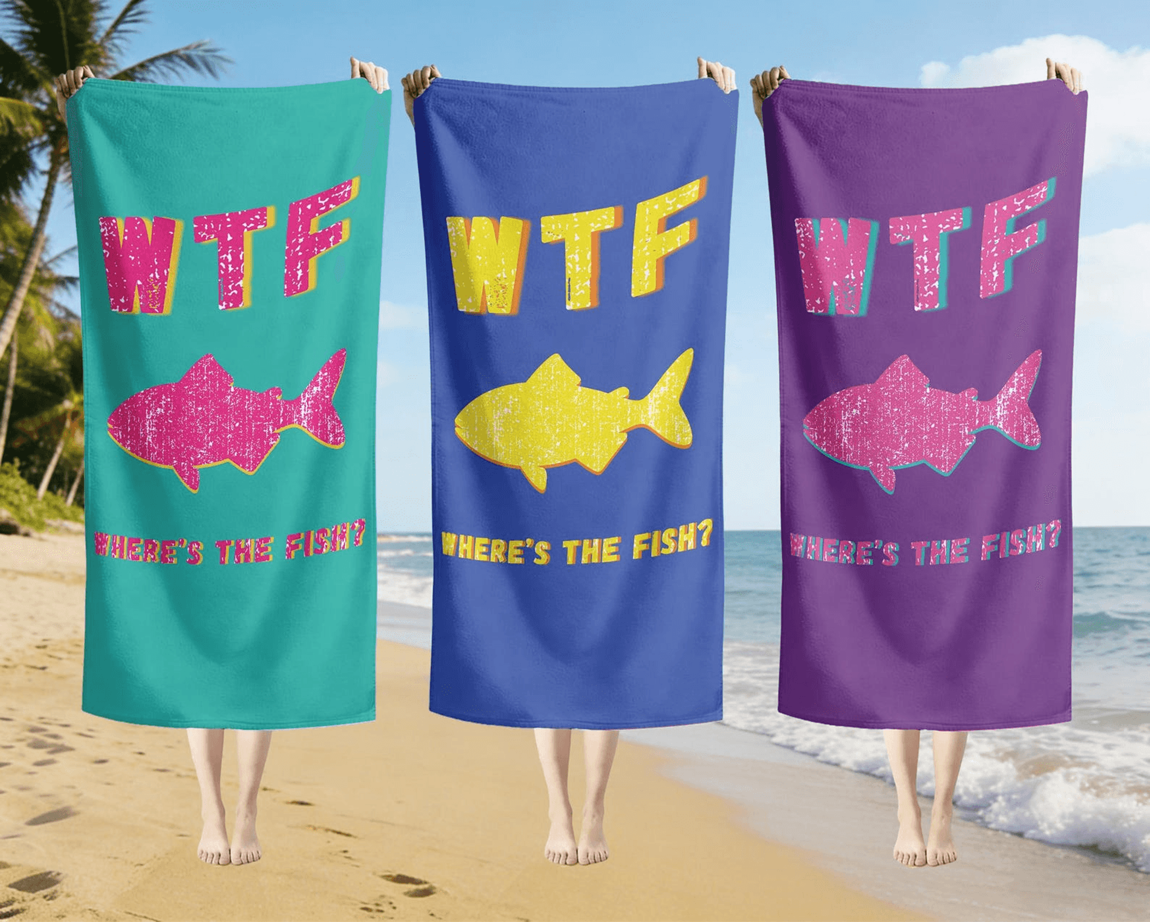 wtf where's the fish funny beach towel personalized gift for fishermen and outdoor adventures