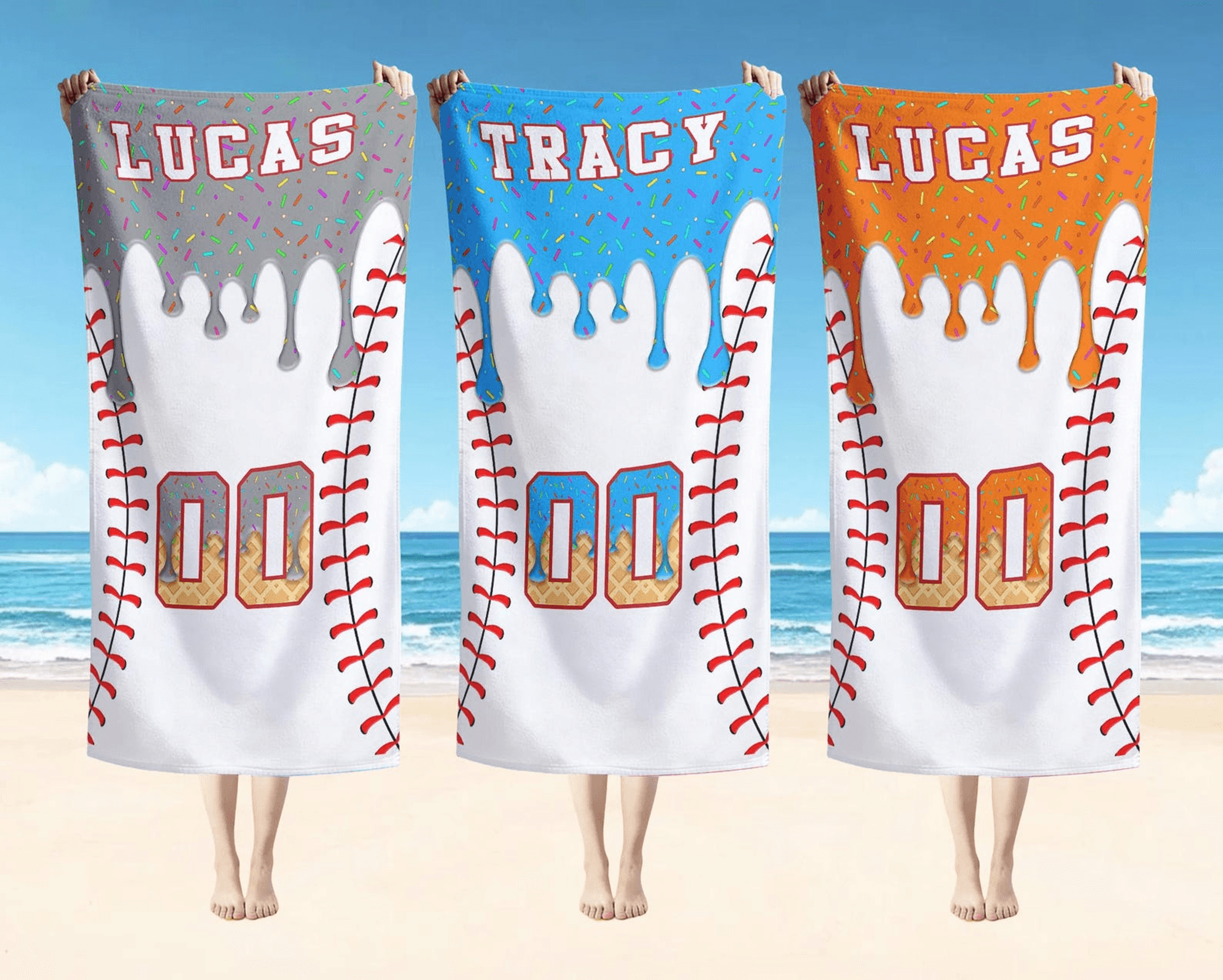 personalized baseball ice cream drip beach towel with custom name and number