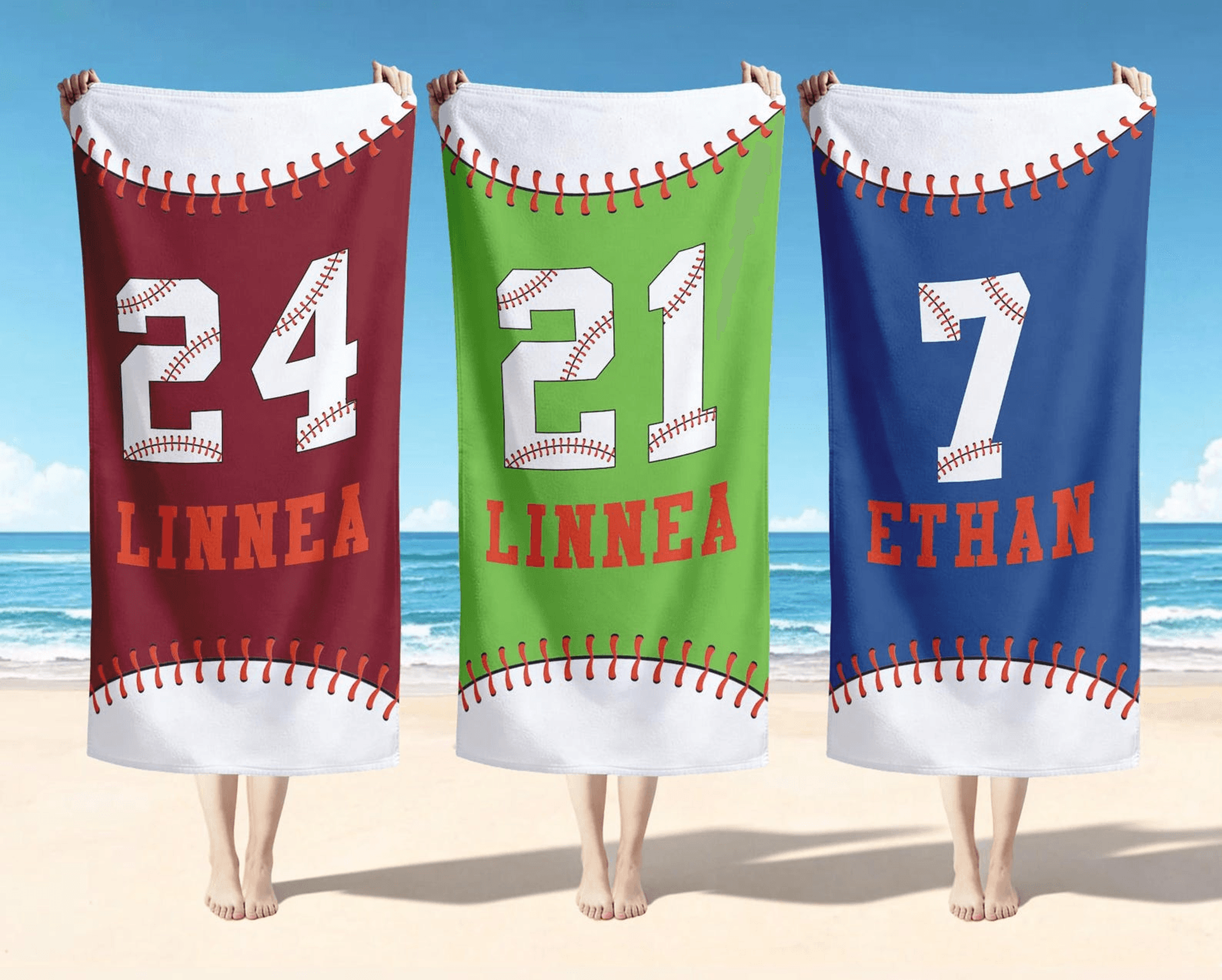personalized baseball signature beach towel with custom name and number