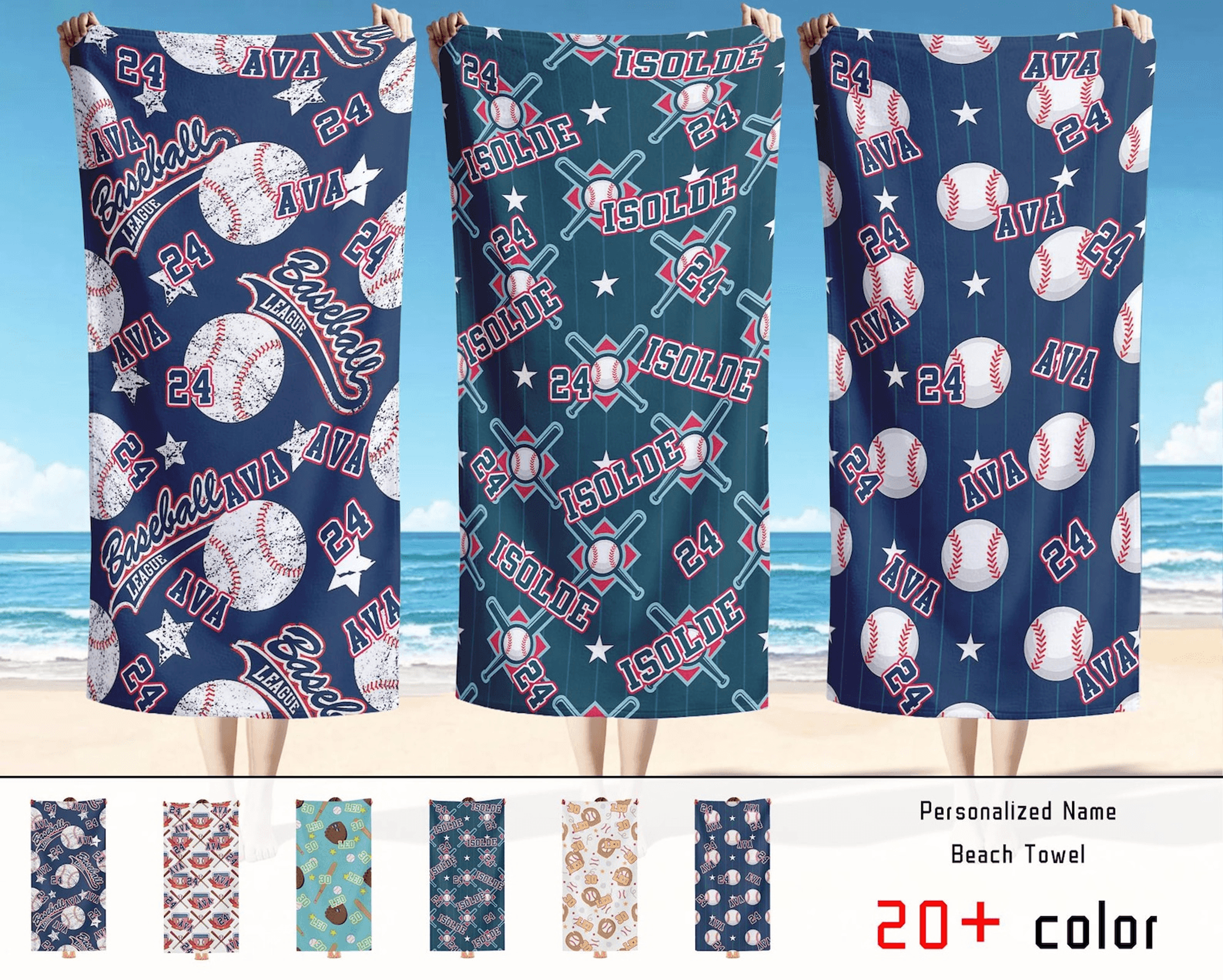 personalized baseball drip beach towel with custom name and number