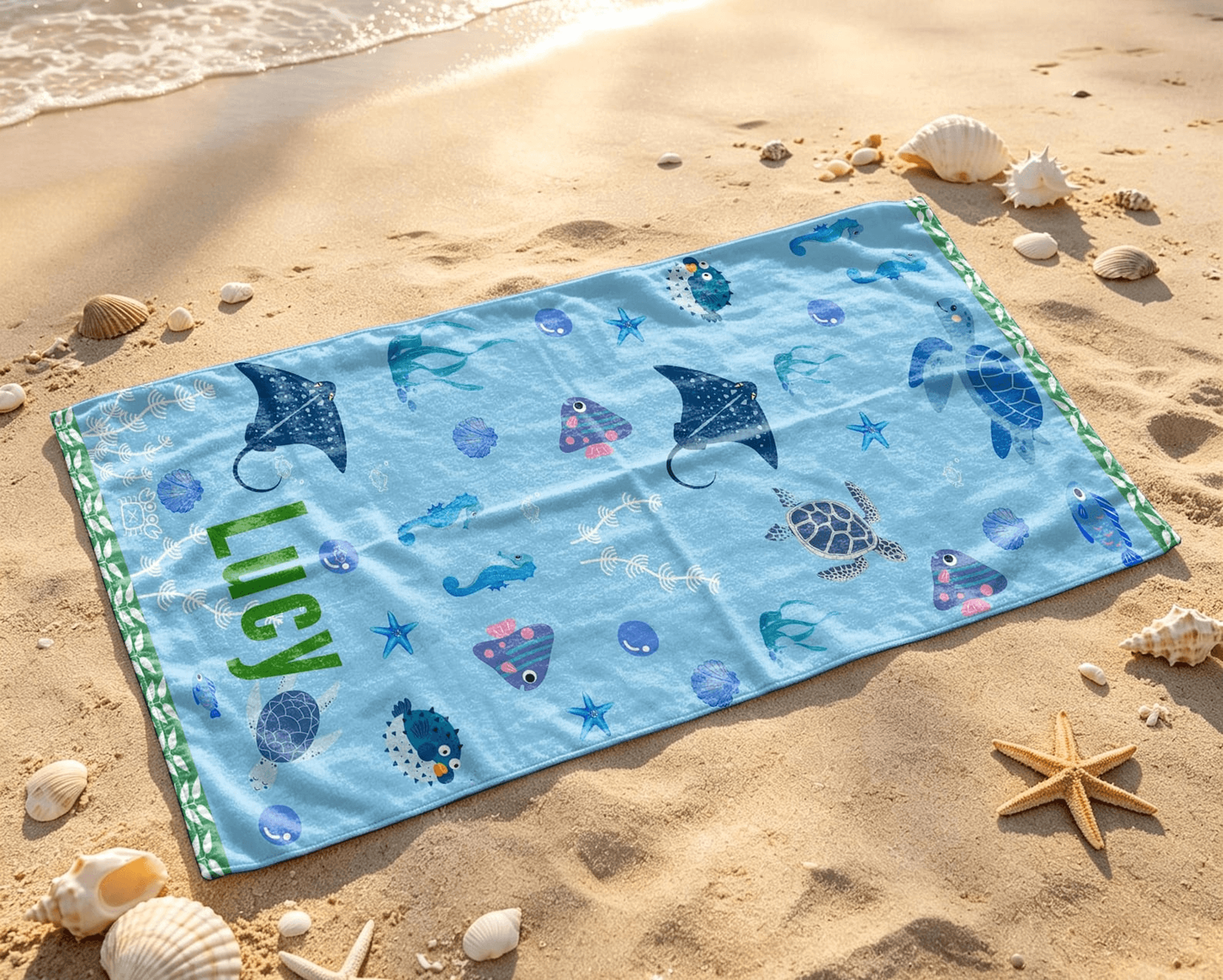 personalized kids beach towel with name unicorn shark dinosaur construction or butterfly design