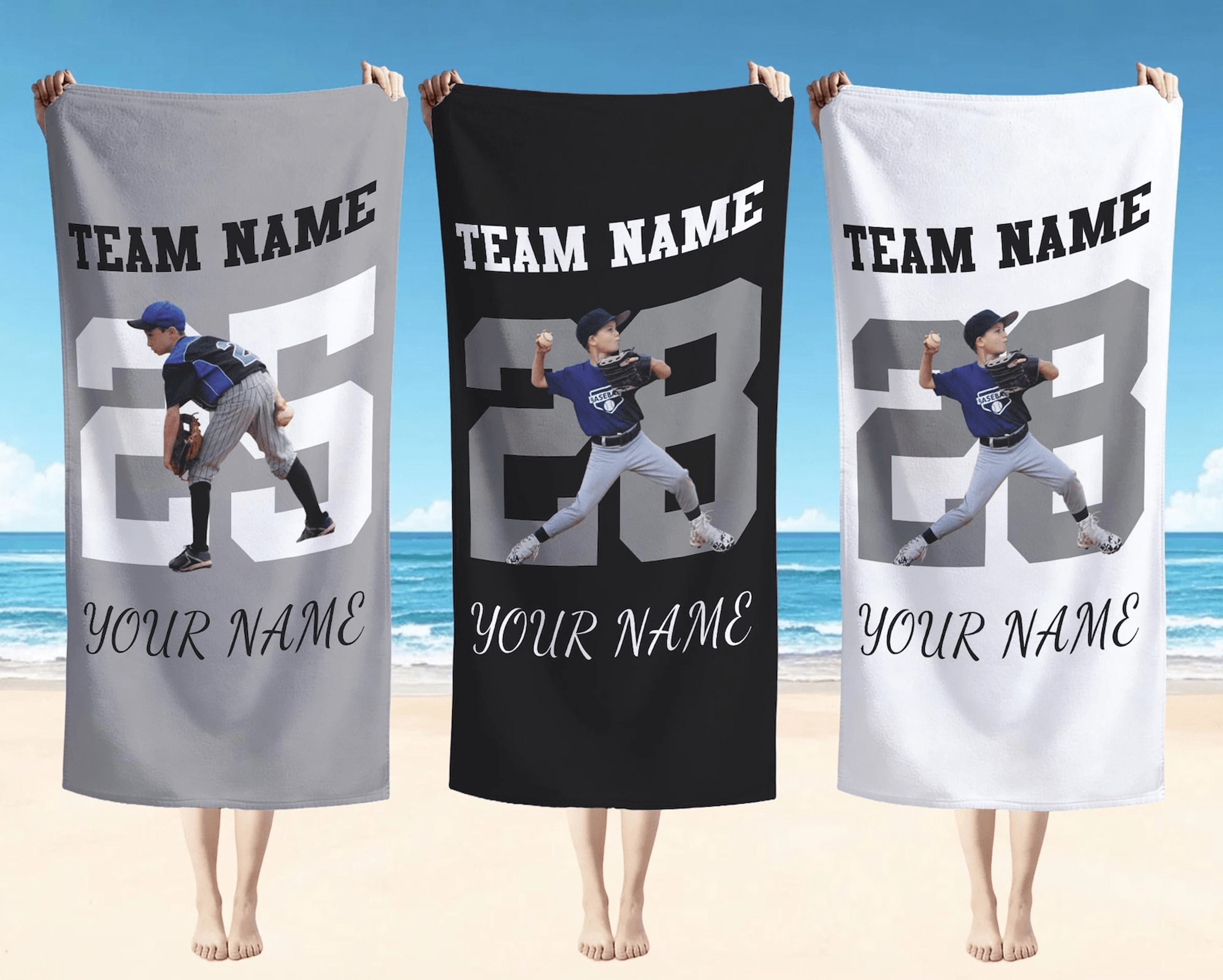 personalized vintage baseball beach towel with custom number gameday design