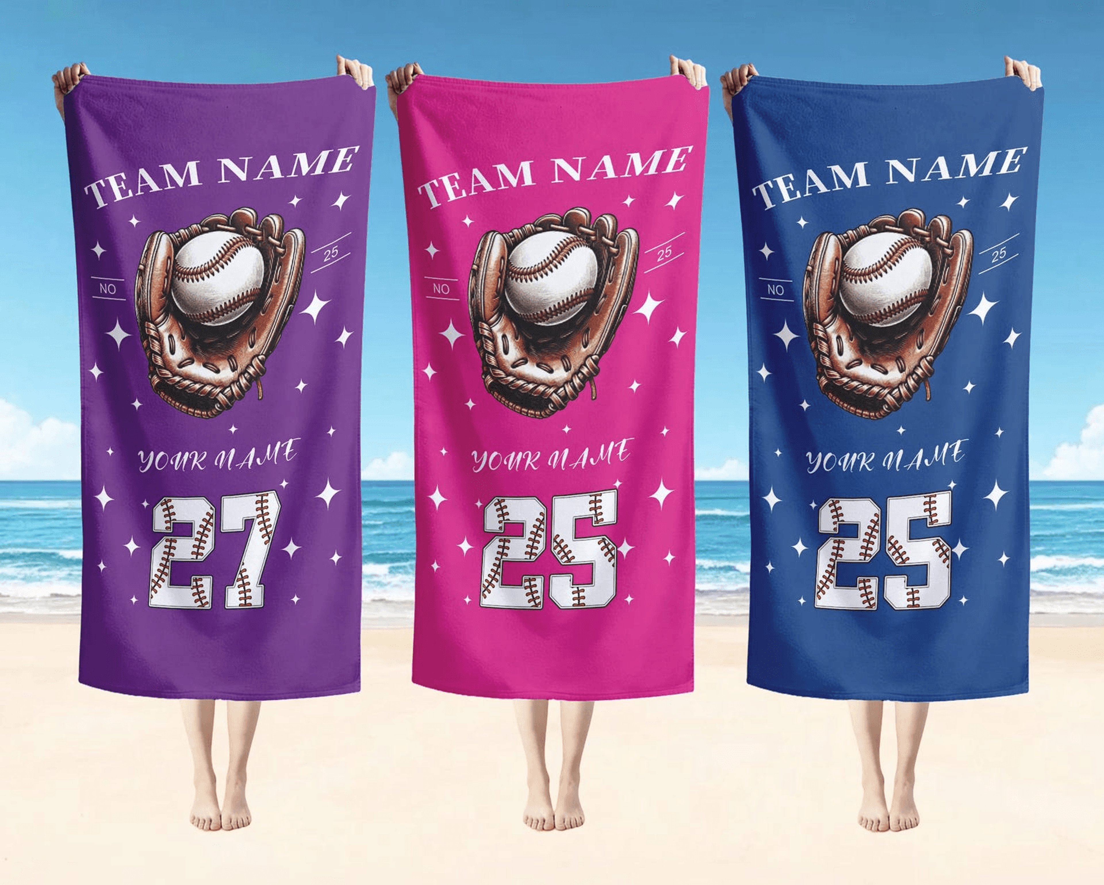 personalized baseball drip beach towel with custom name and number sports gift