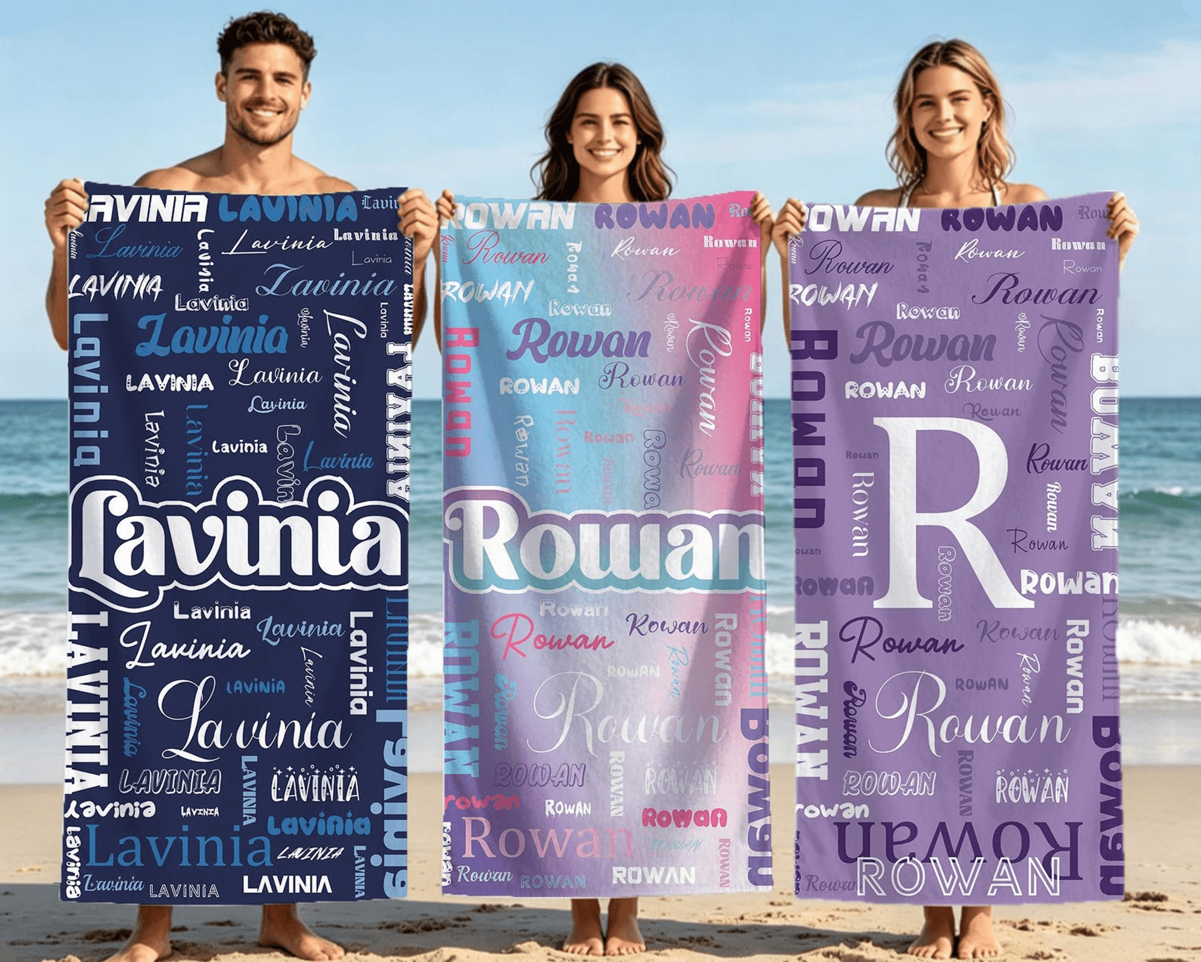 personalized signature word art beach towel with custom name for pool and beach days