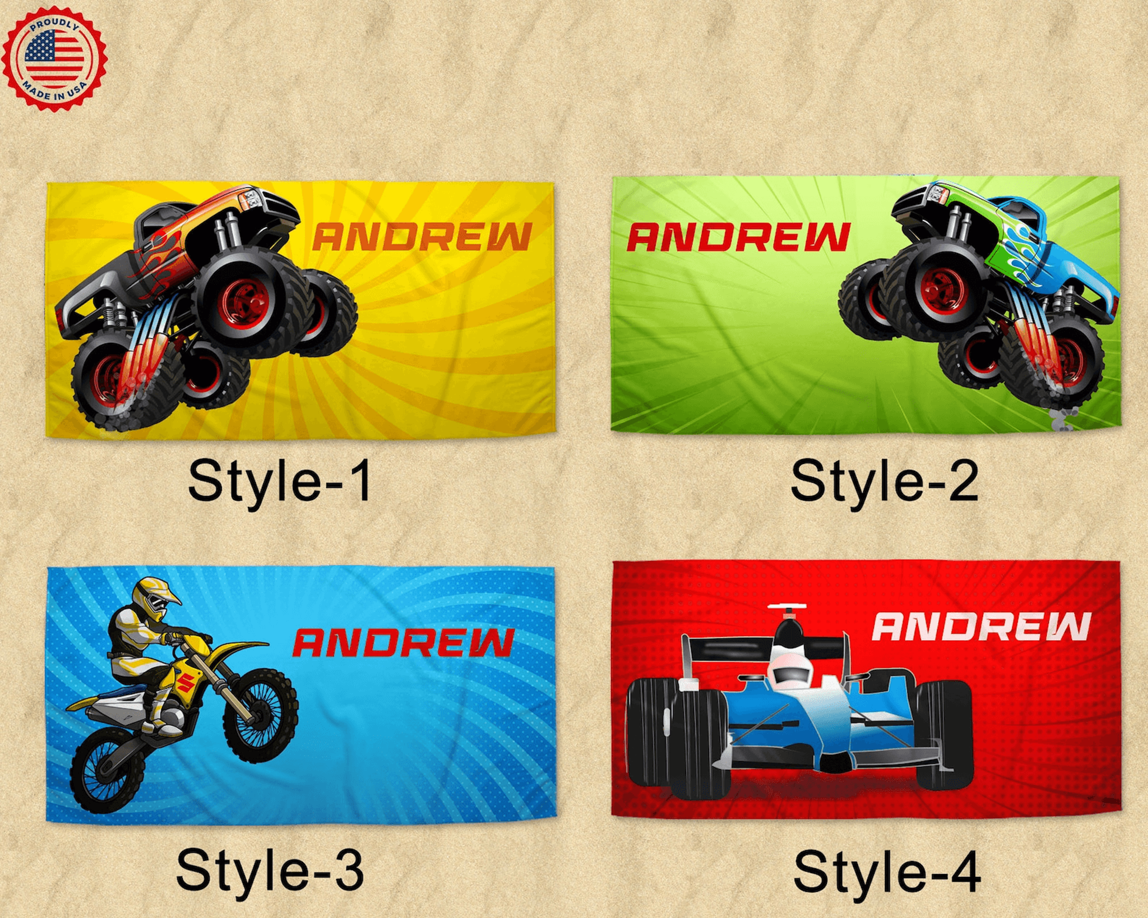 personalized extreme sports beach towel with name – monster truck, dirt bike & race car kids towel