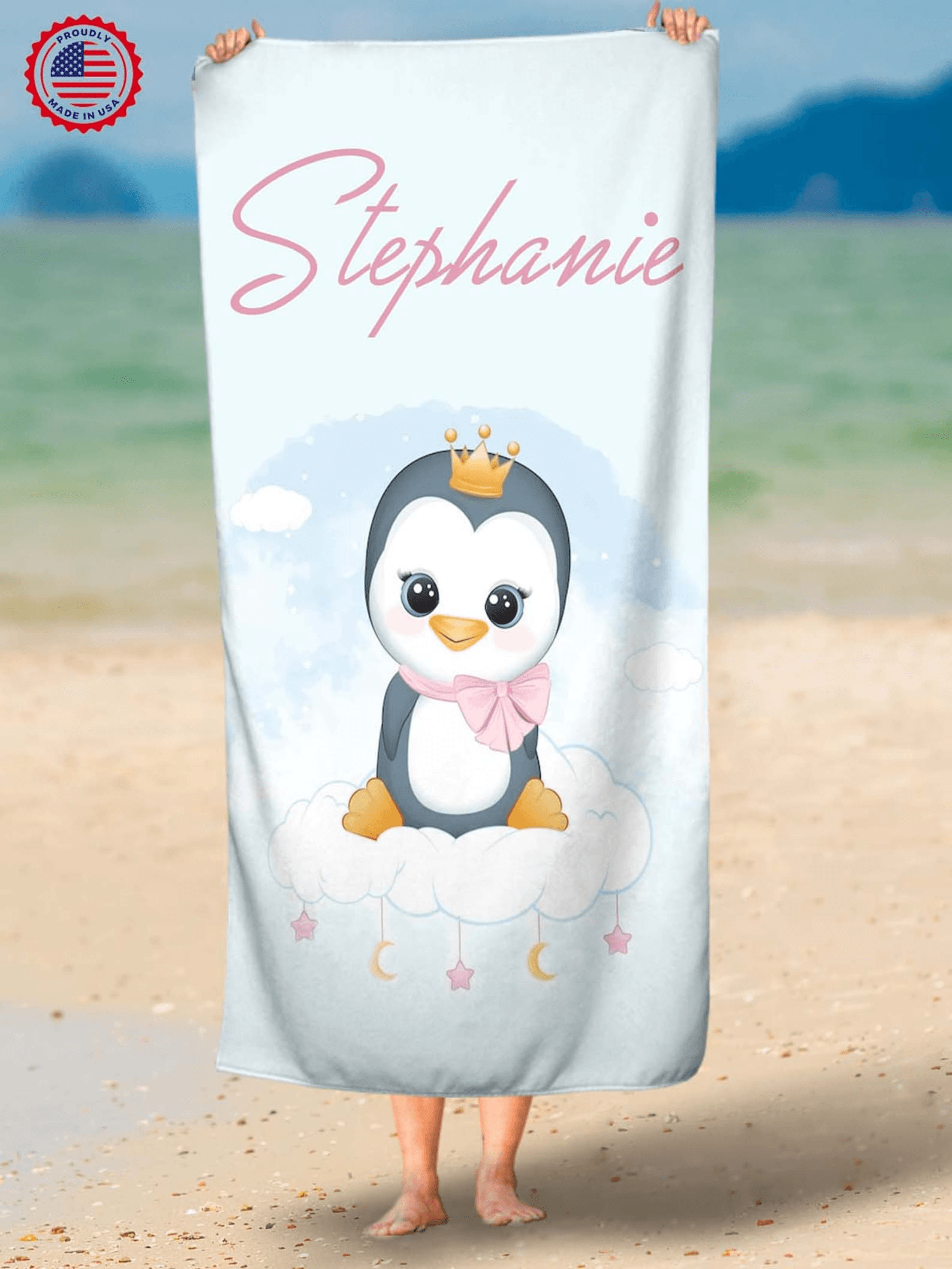 personalized penguin beach towel with custom name – cute animal kids pool & beach towel