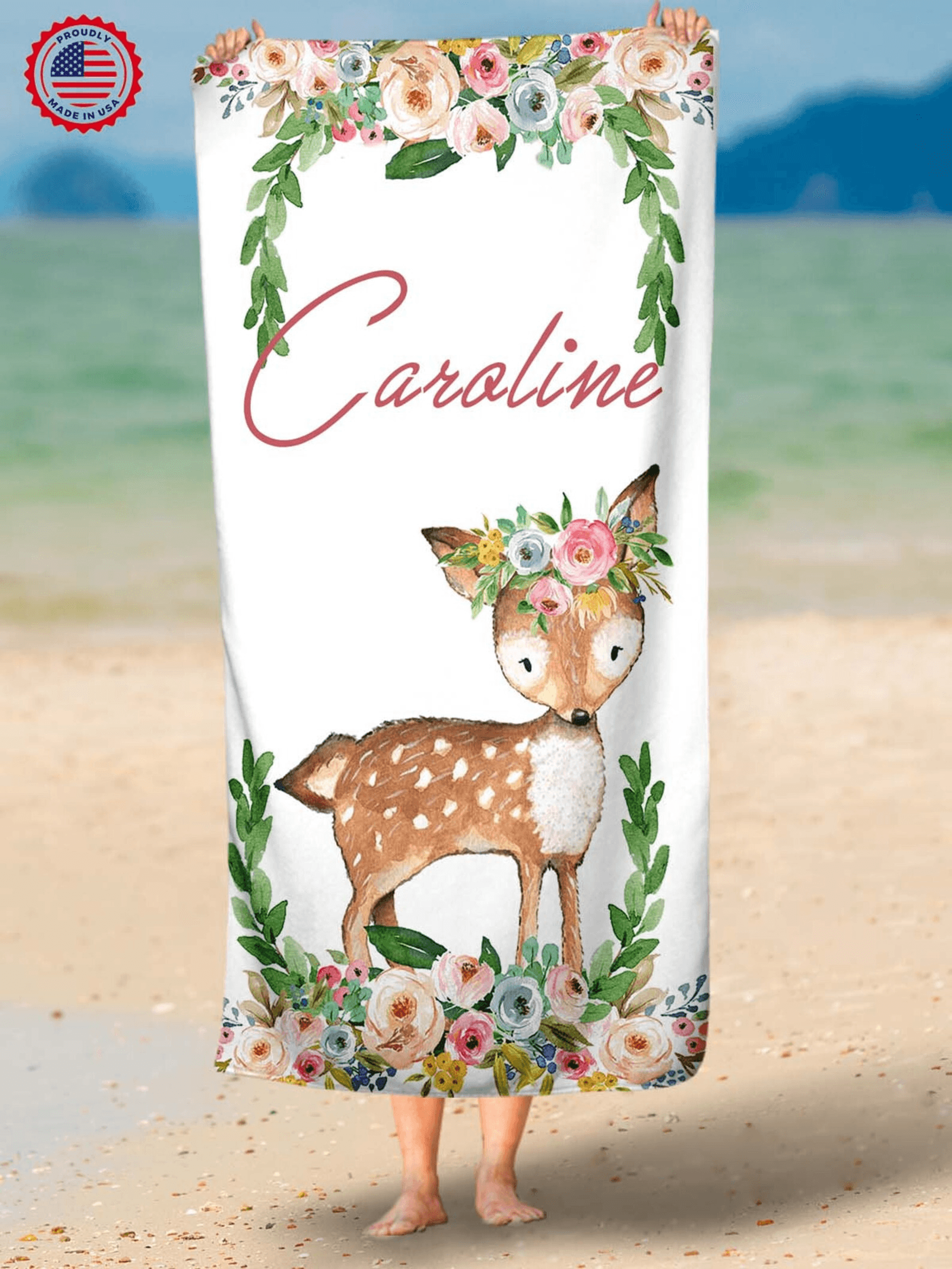 personalized woodland deer beach towel with custom name – cute forest animal kids pool towel