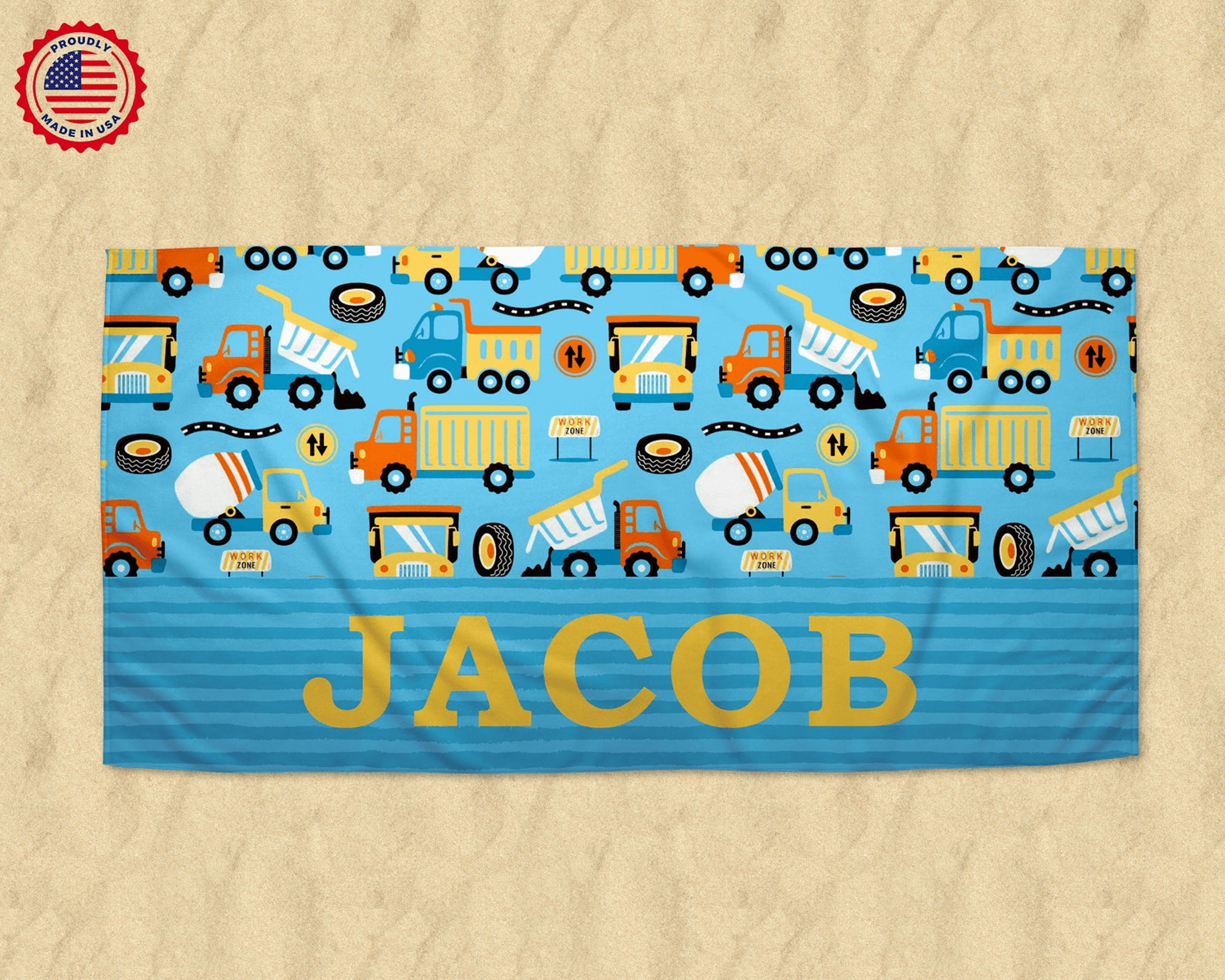 personalized truck beach towel with custom name – kids construction & adventure pool towel