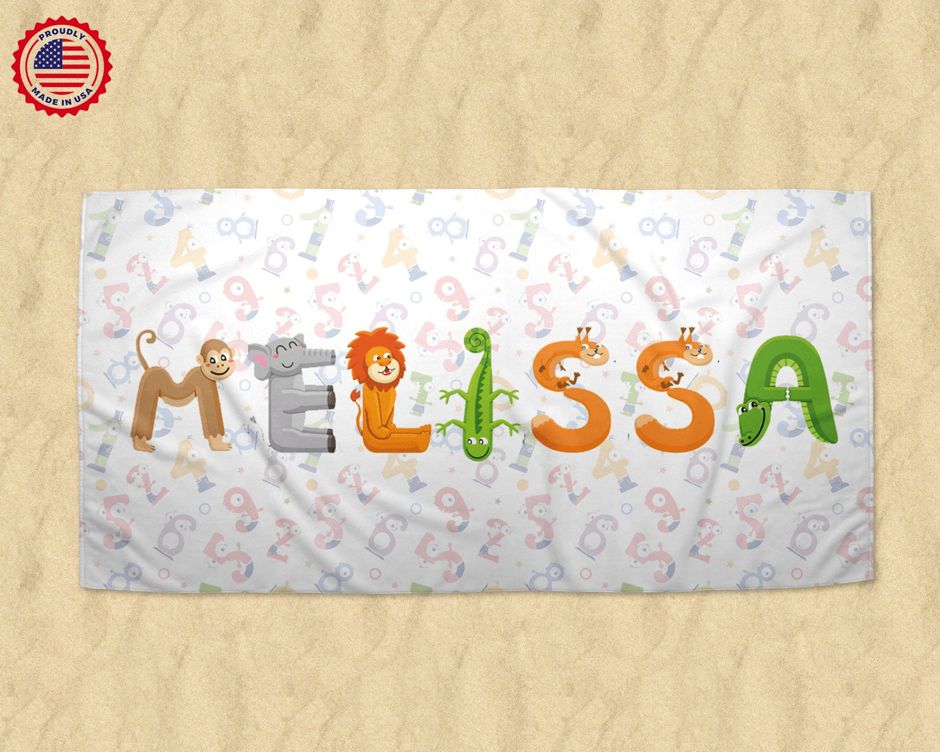 personalized kids beach towel with name – striped animal alphabet pool & beach towel