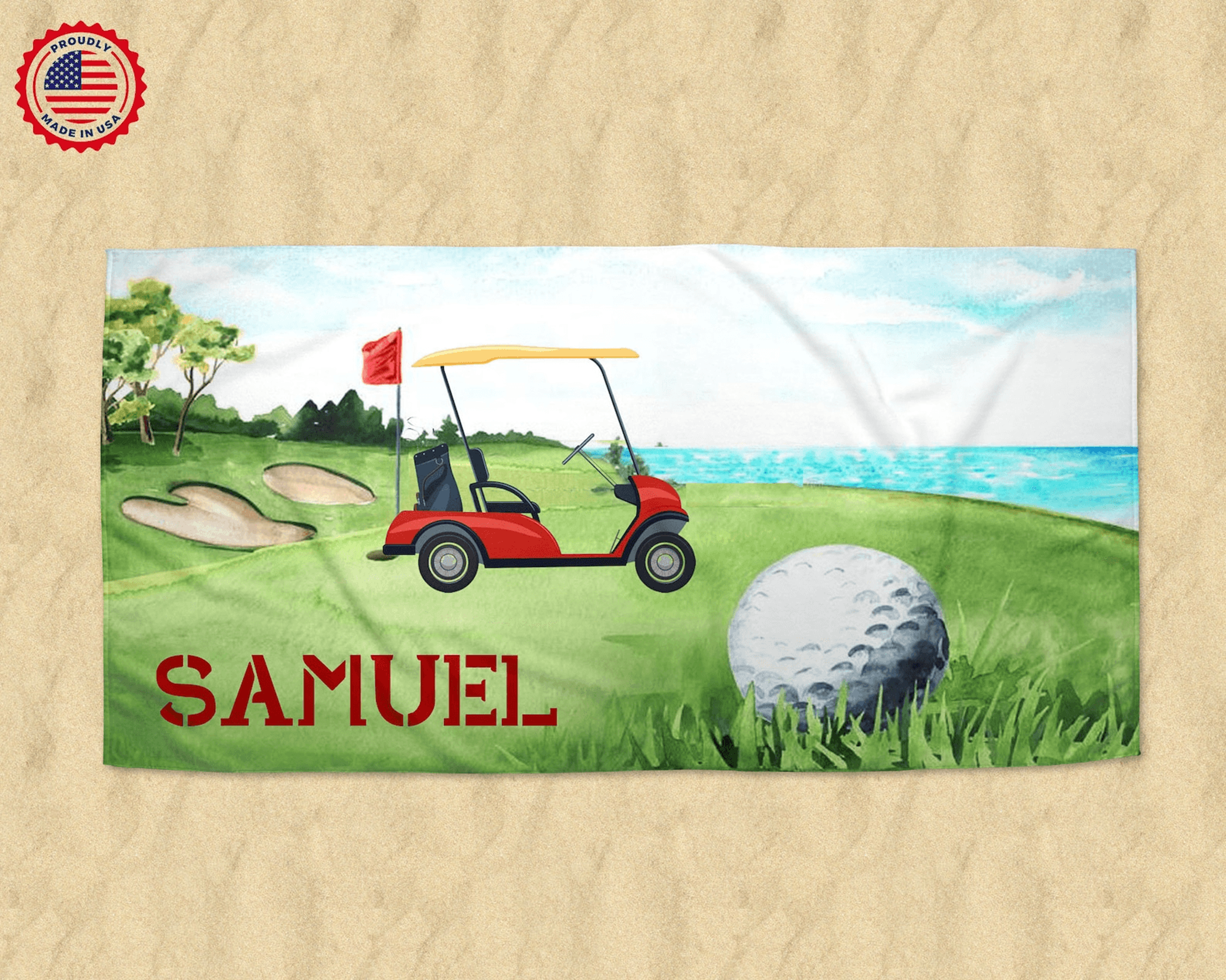 personalized watercolor golf beach towel with custom name – kids sports pool & beach towel