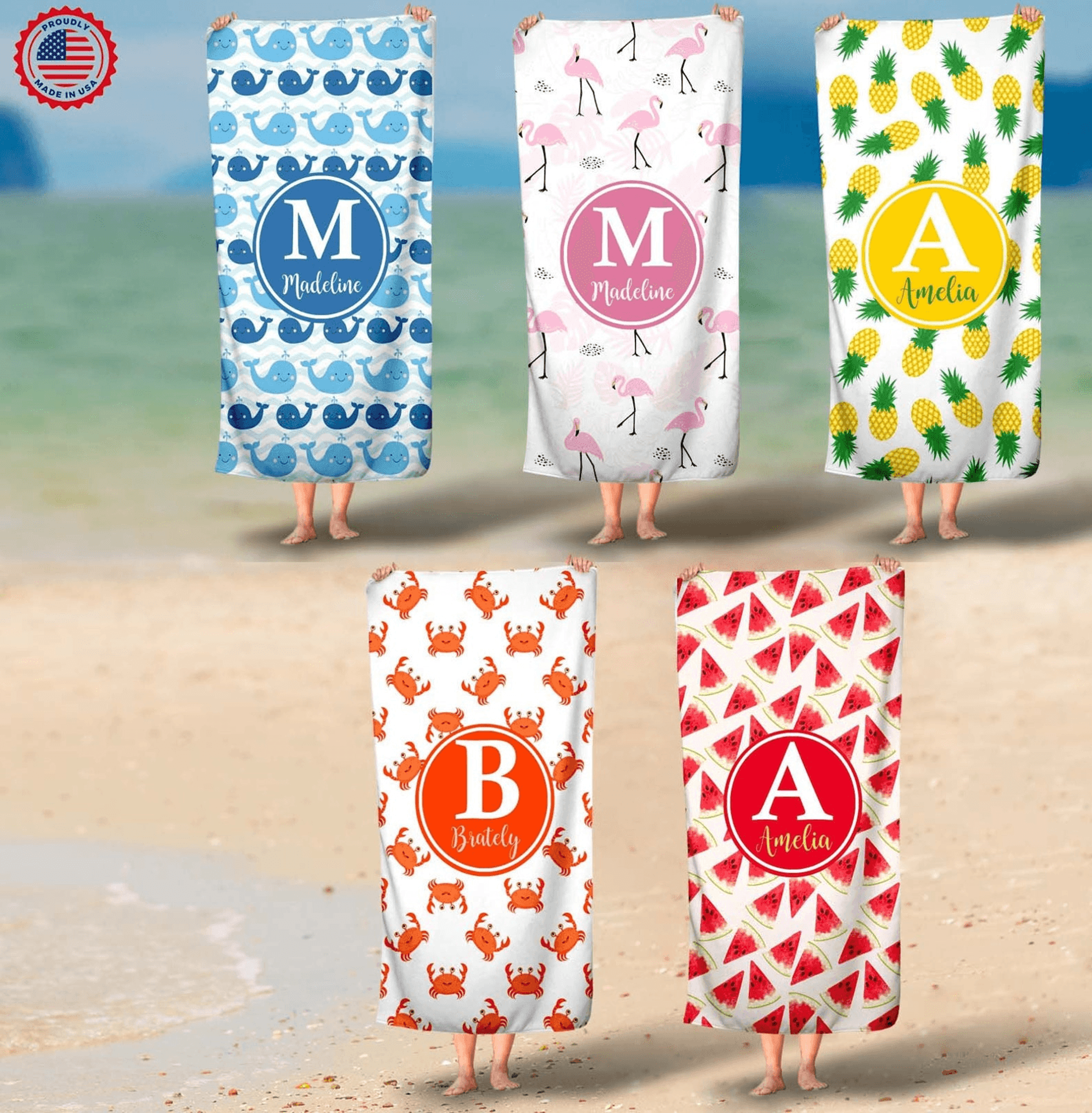 monogram personalized tropical beach towel with custom initial – pineapple & summer fruit pool towel