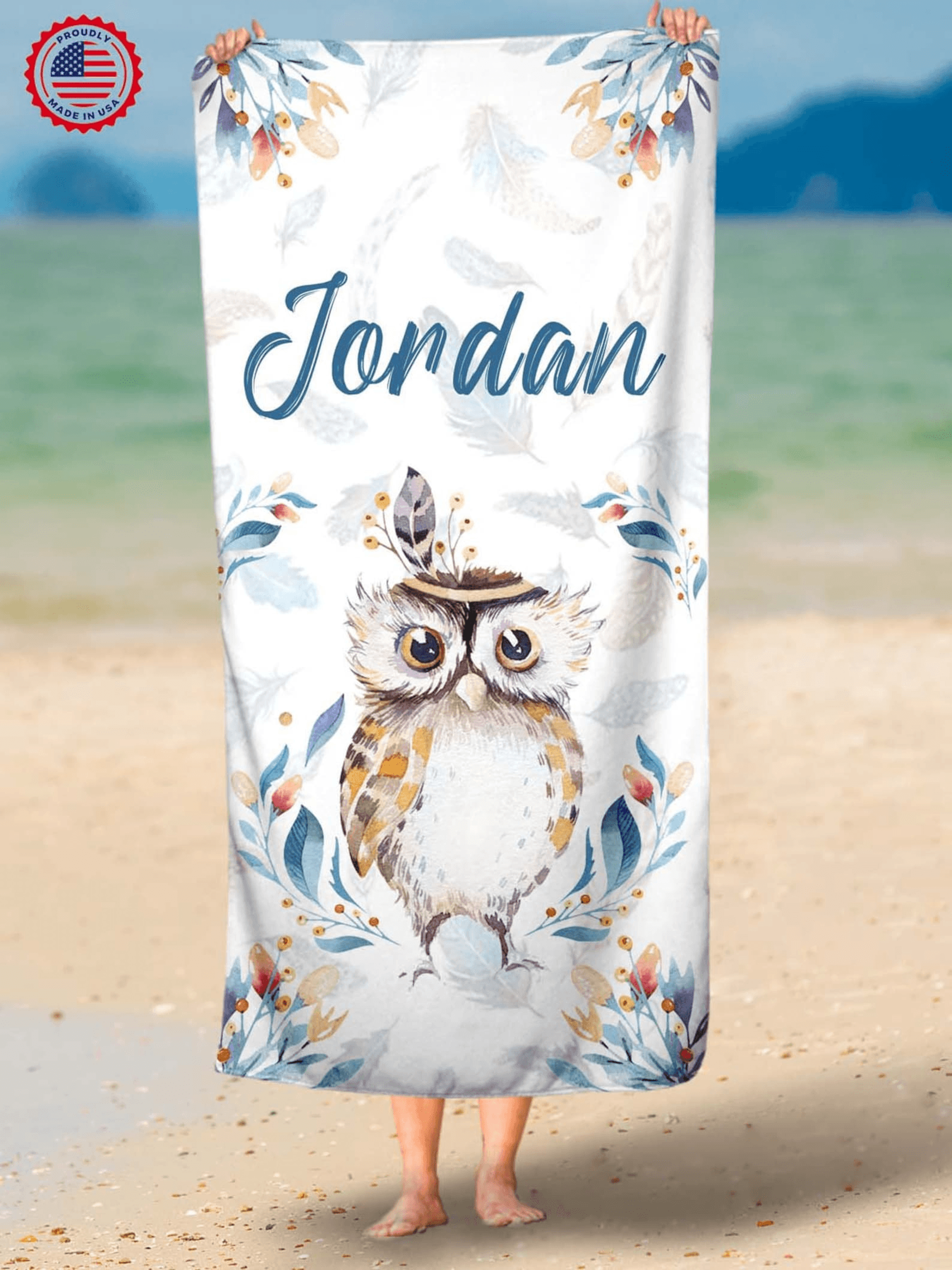 personalized boho owl beach towel with custom name – woodland kids pool & beach towel