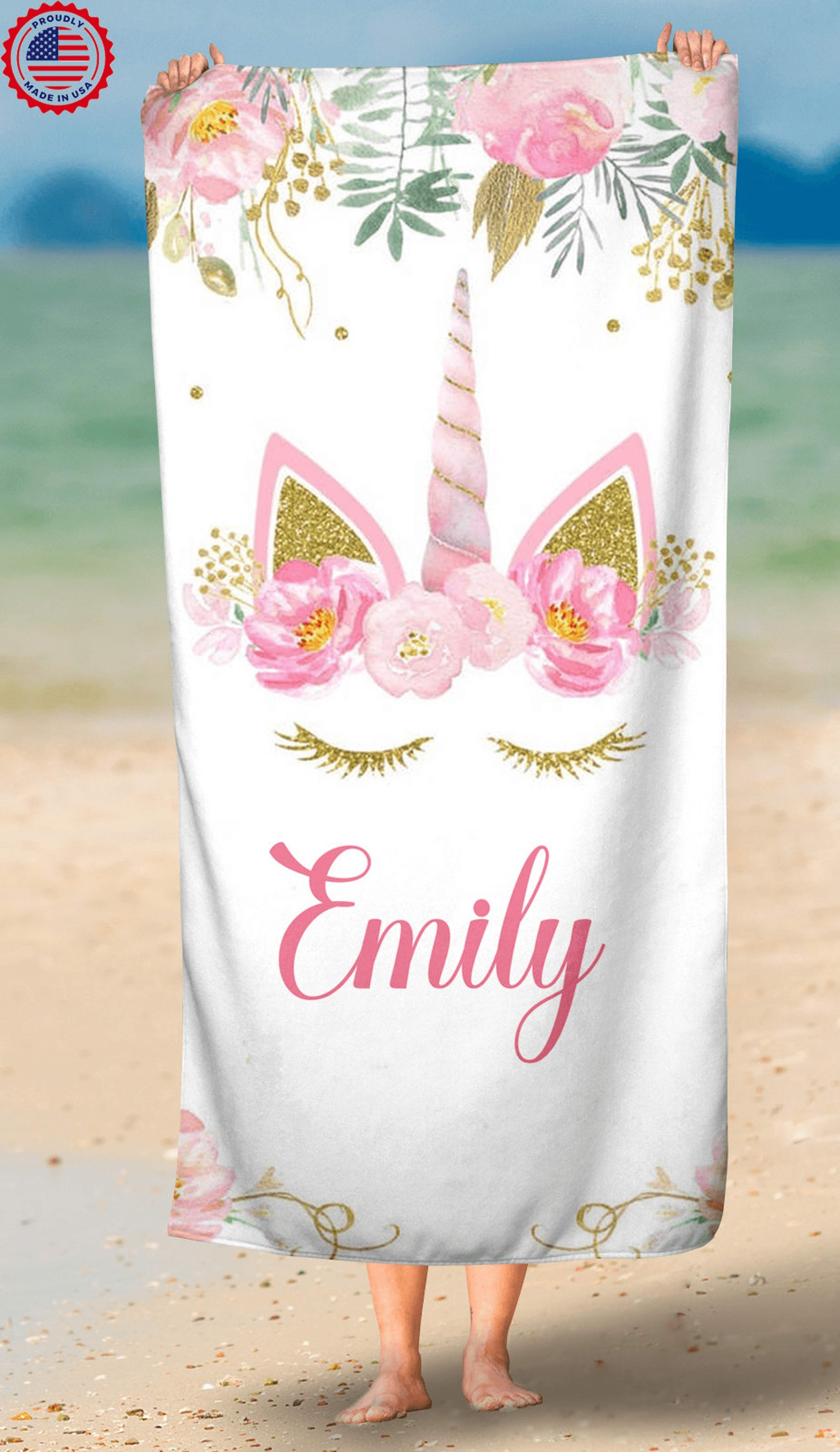 personalized unicorn beach towel with custom name – magical kids pool beach towel