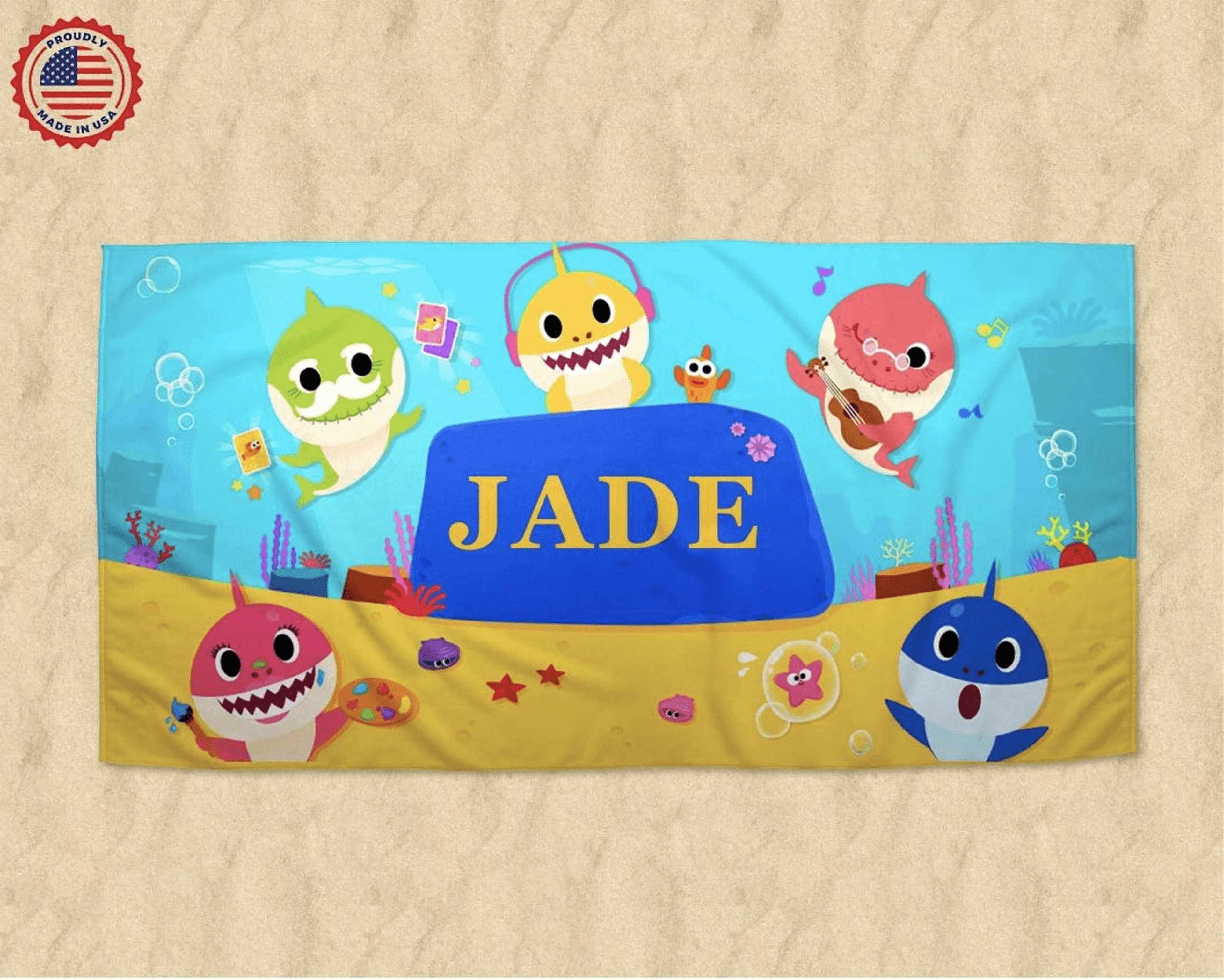 personalized shark beach towel with custom name – cute ocean kids pool & beach towel
