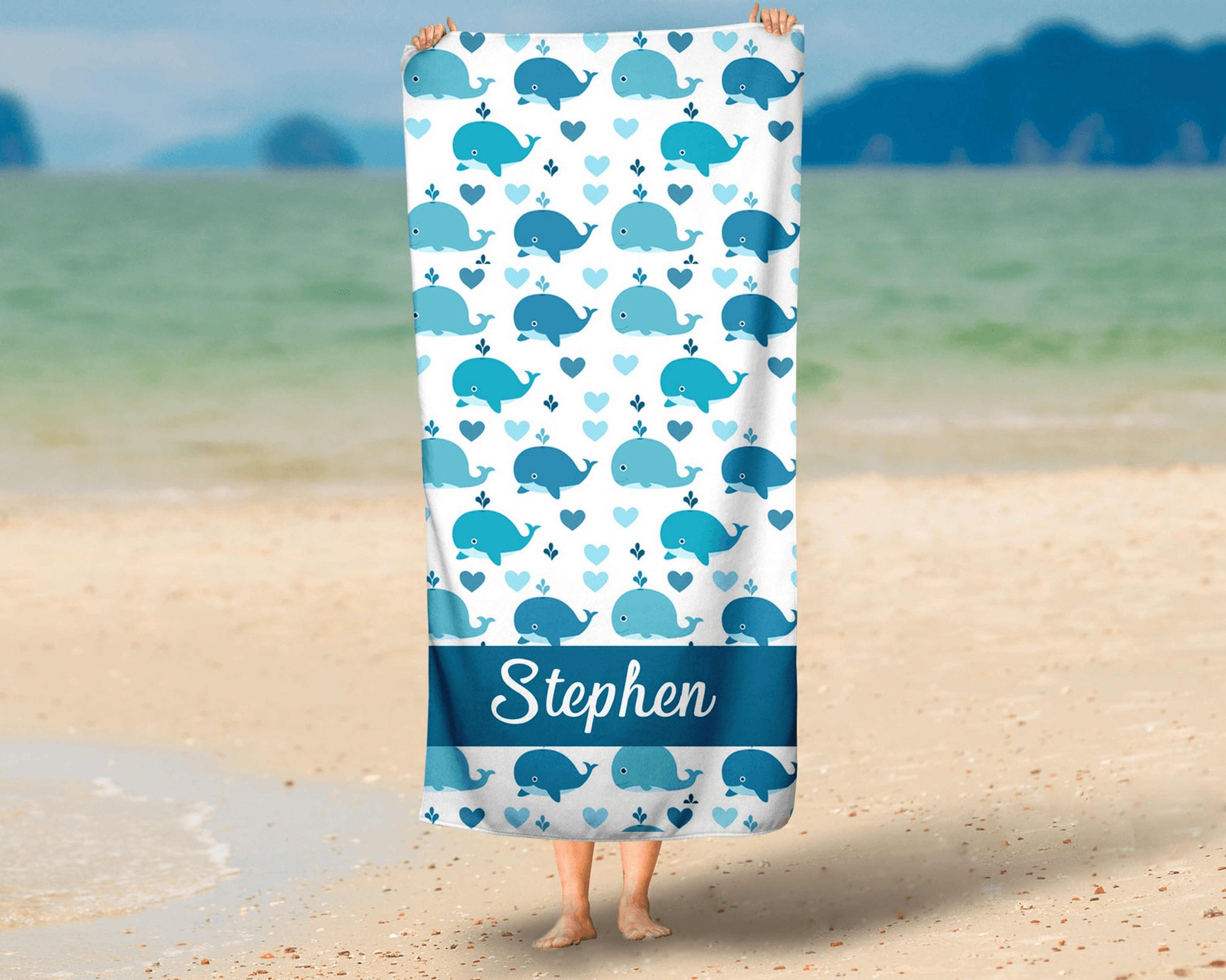 personalized whale beach towel with custom name – cute ocean kids pool & beach towel