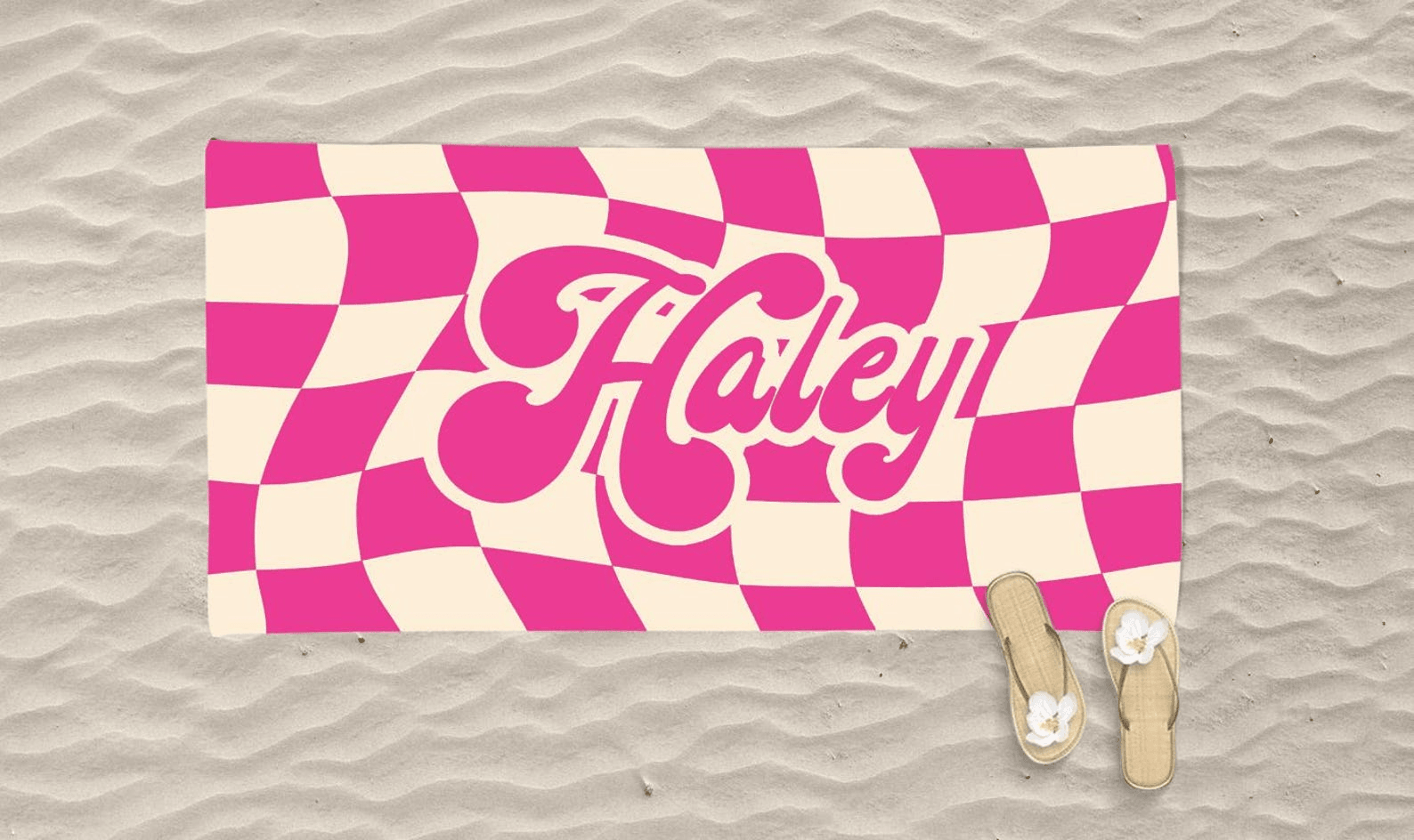personalized retro checkerboard beach towel with custom name – trendy pool & beach towel