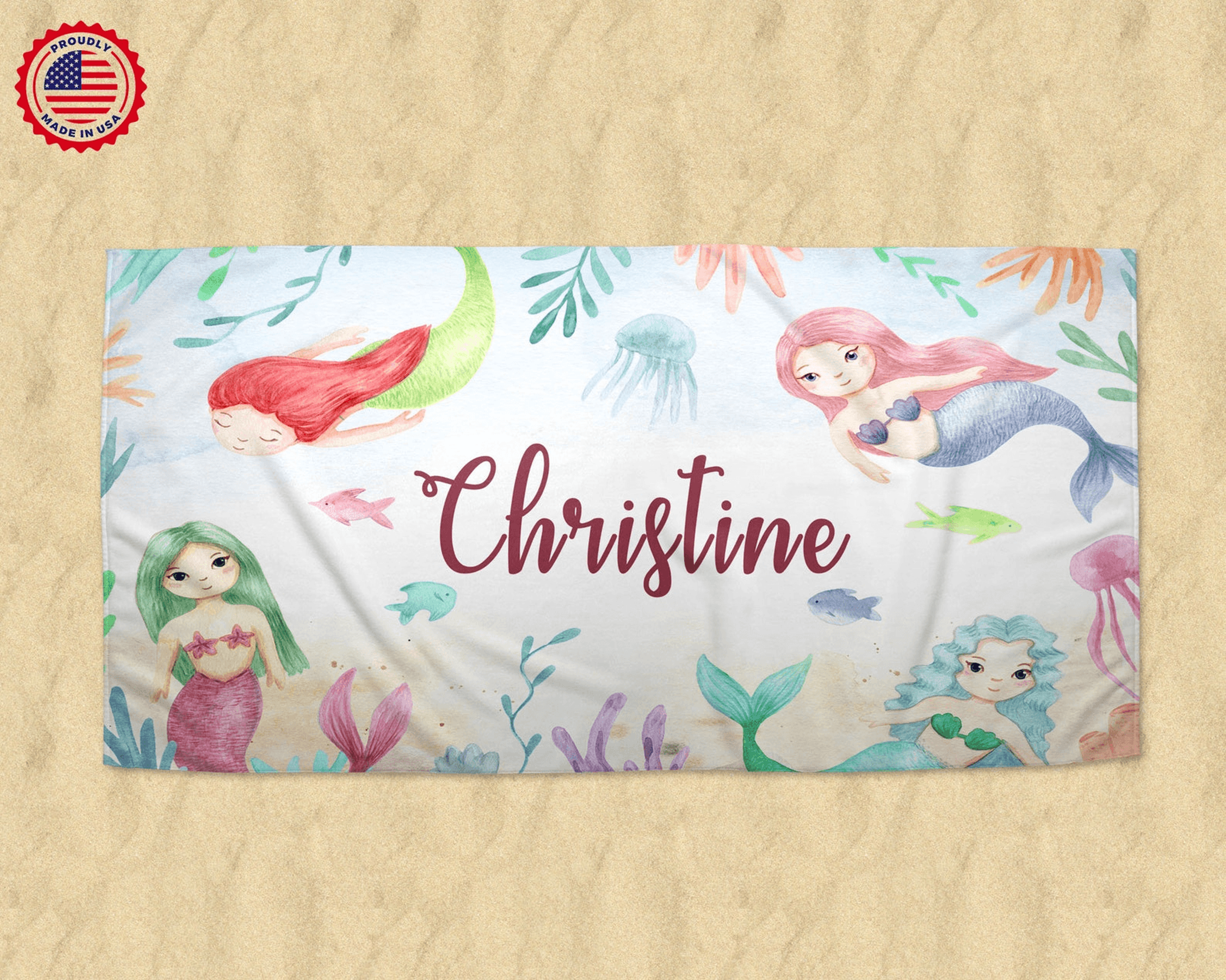 personalized mermaid beach towel with name – watercolor girls pool & vacation towel
