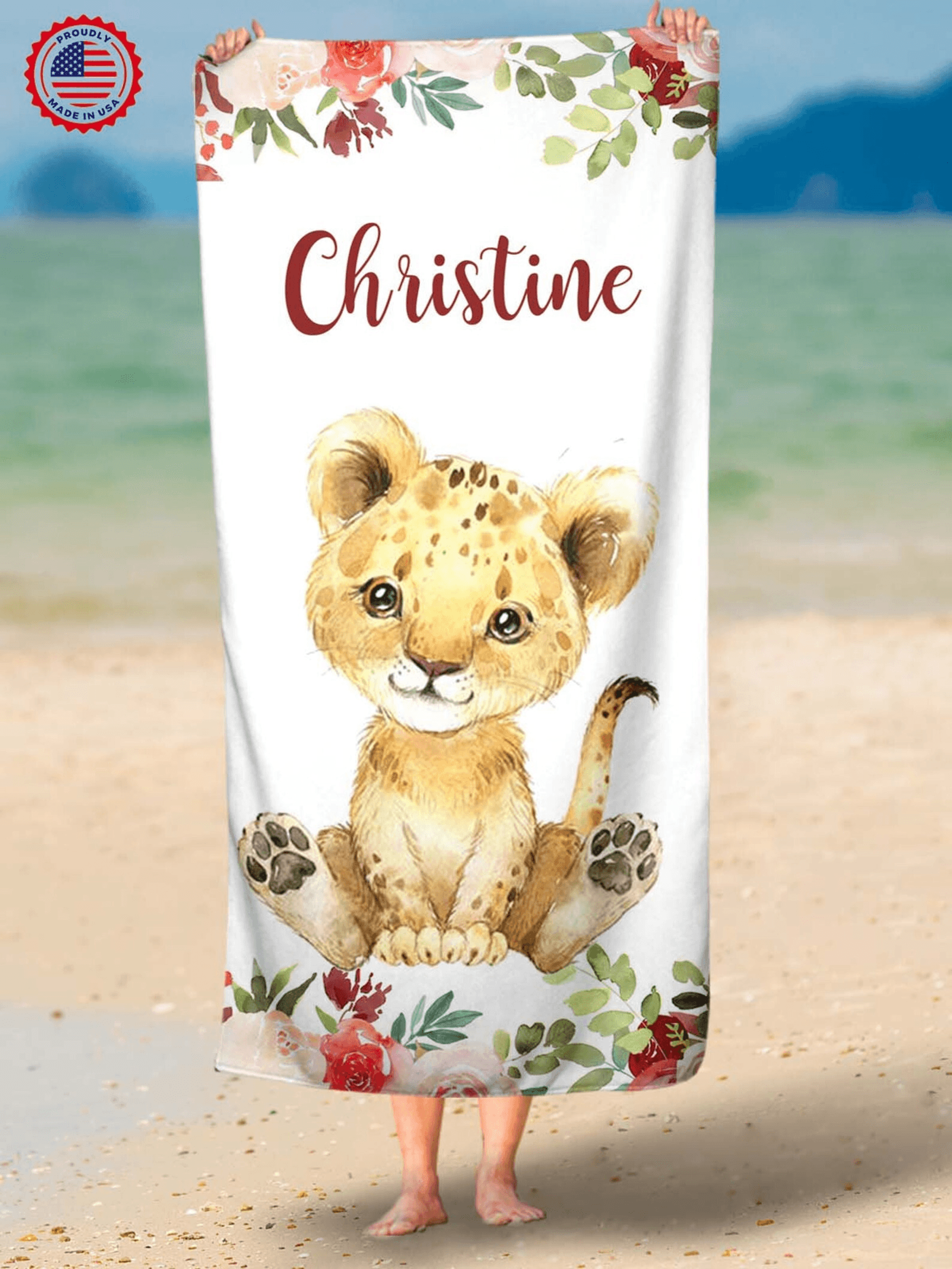 personalized woodland lion beach towel with name – custom kids safari pool towel