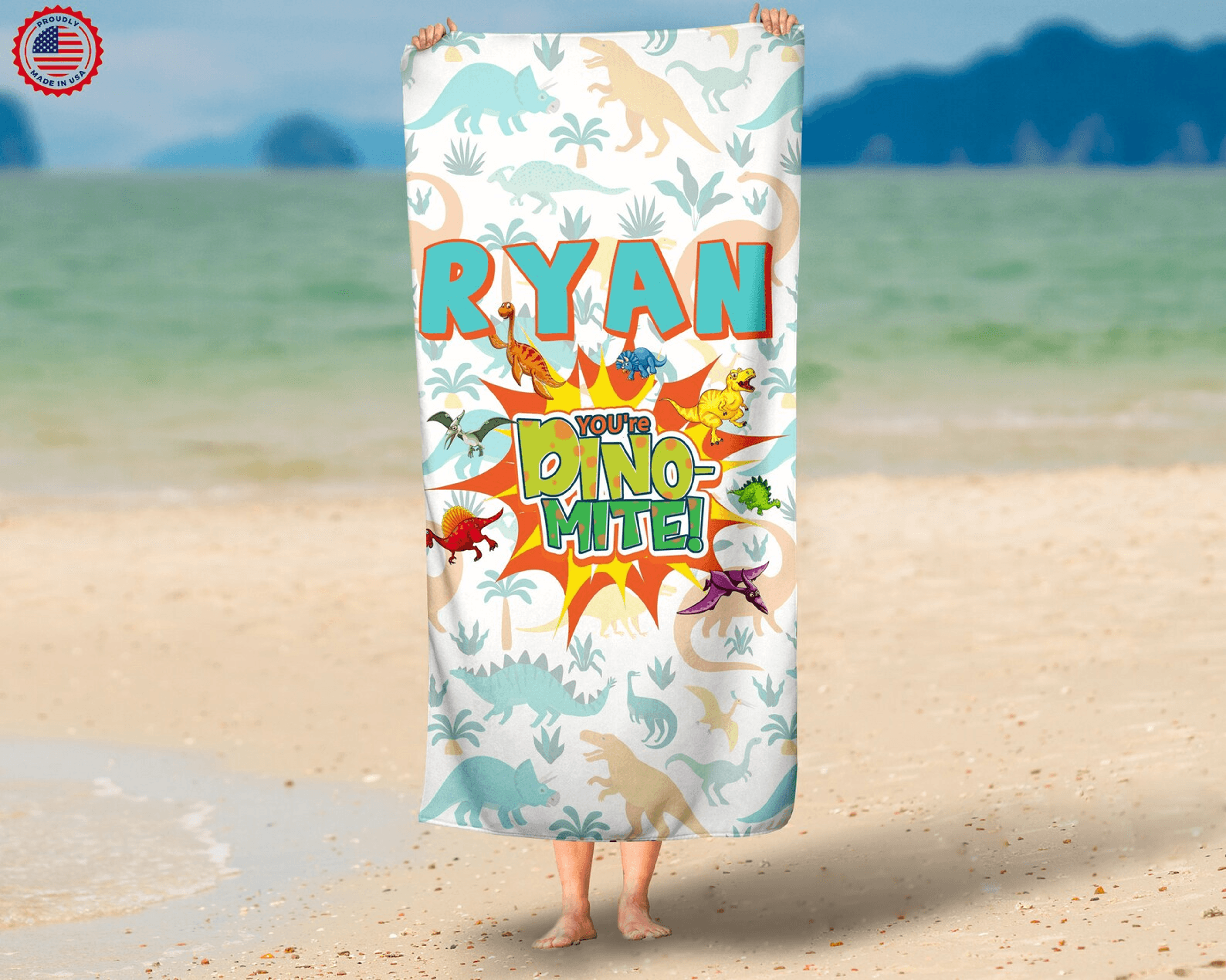 personalized dinosaur beach towel with name – custom dino kids pool towel 30x60 summer gift
