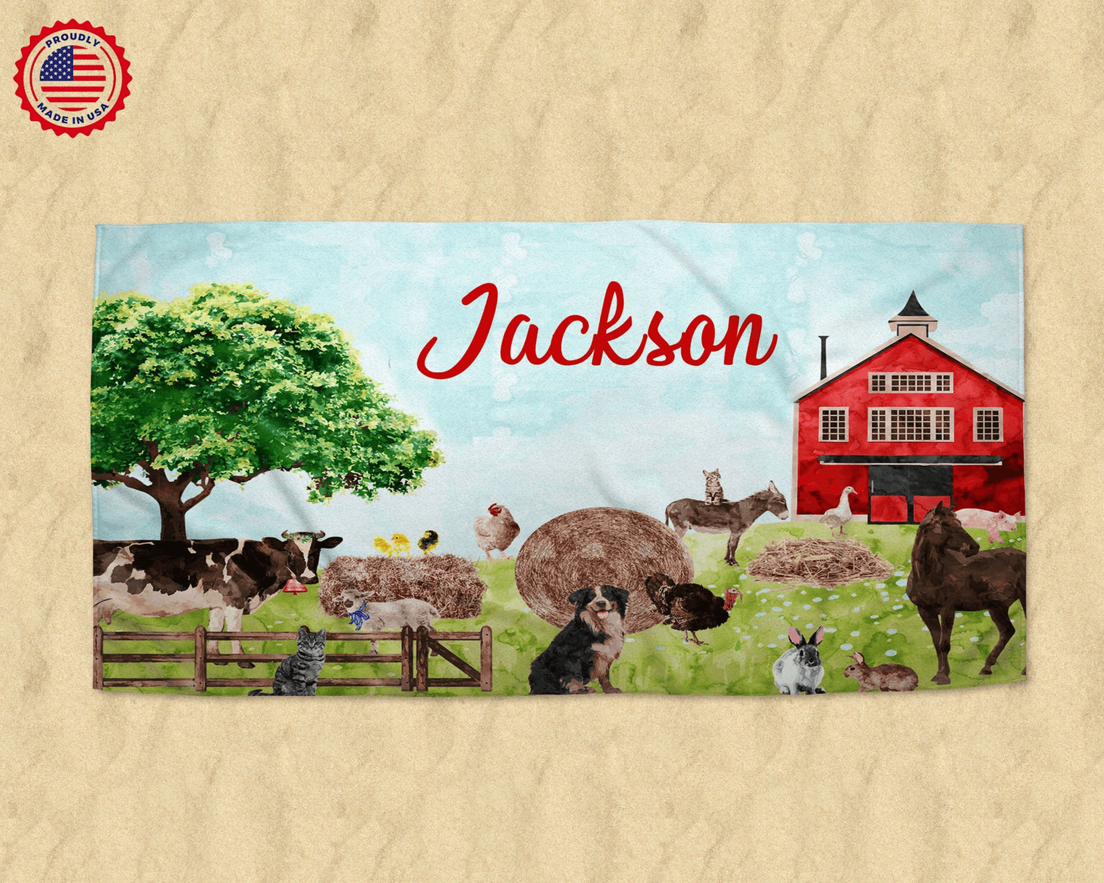 personalized watercolor farm beach towel with name – custom kids farm animal pool towel
