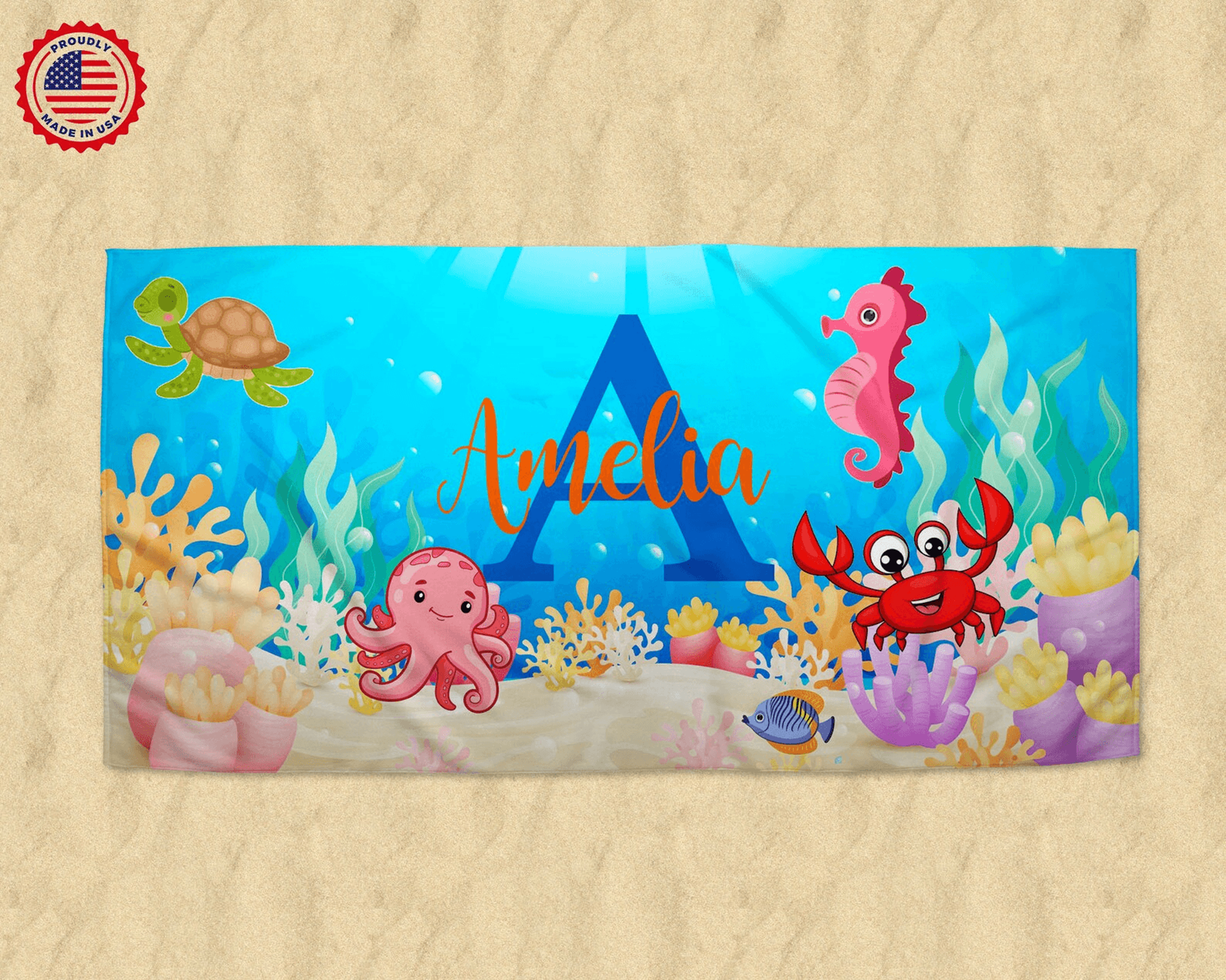 personalized ocean animals beach towel with name – custom sea creature kids pool towel