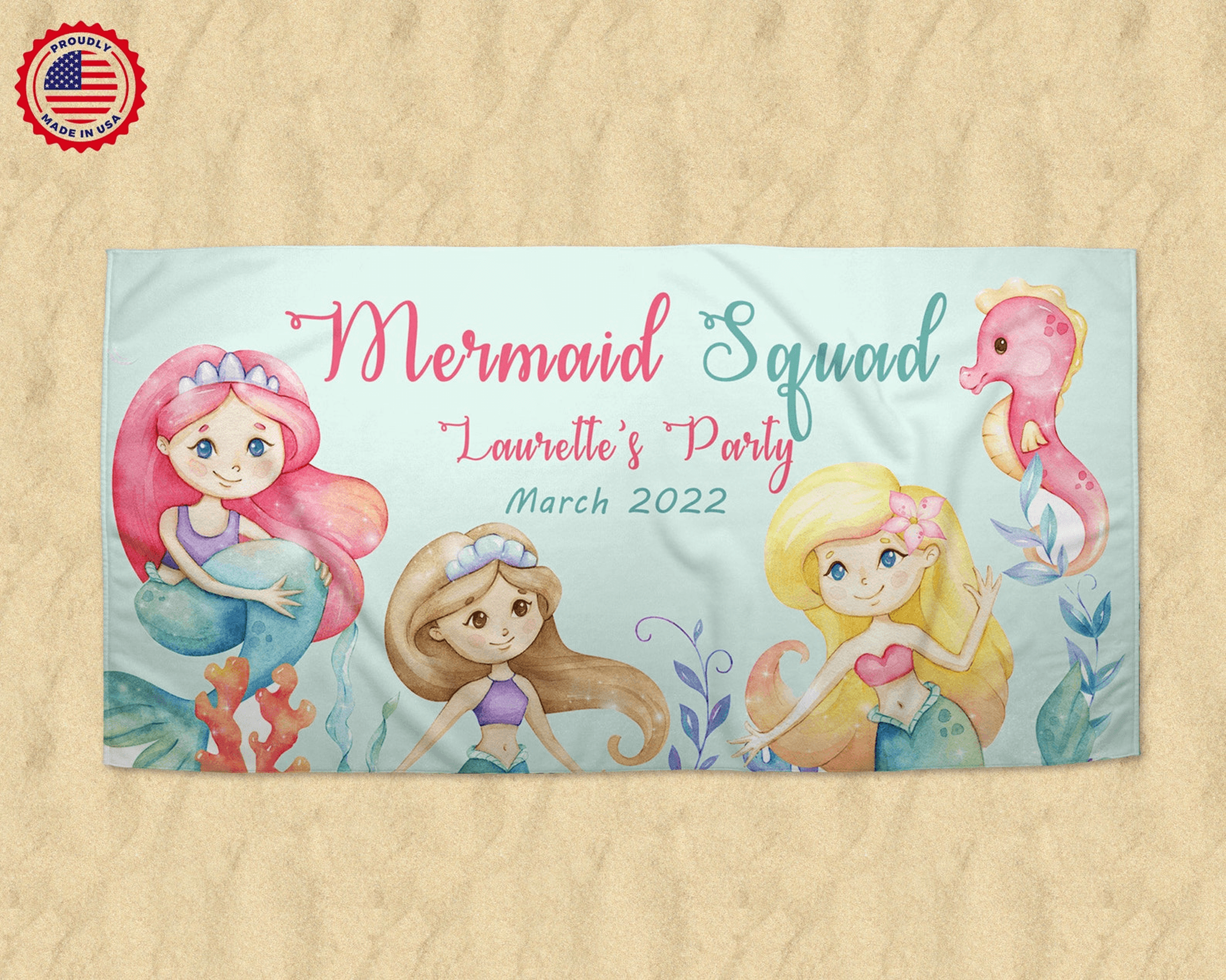 personalized watercolor mermaid beach towel with name – custom girls pool towel party gift