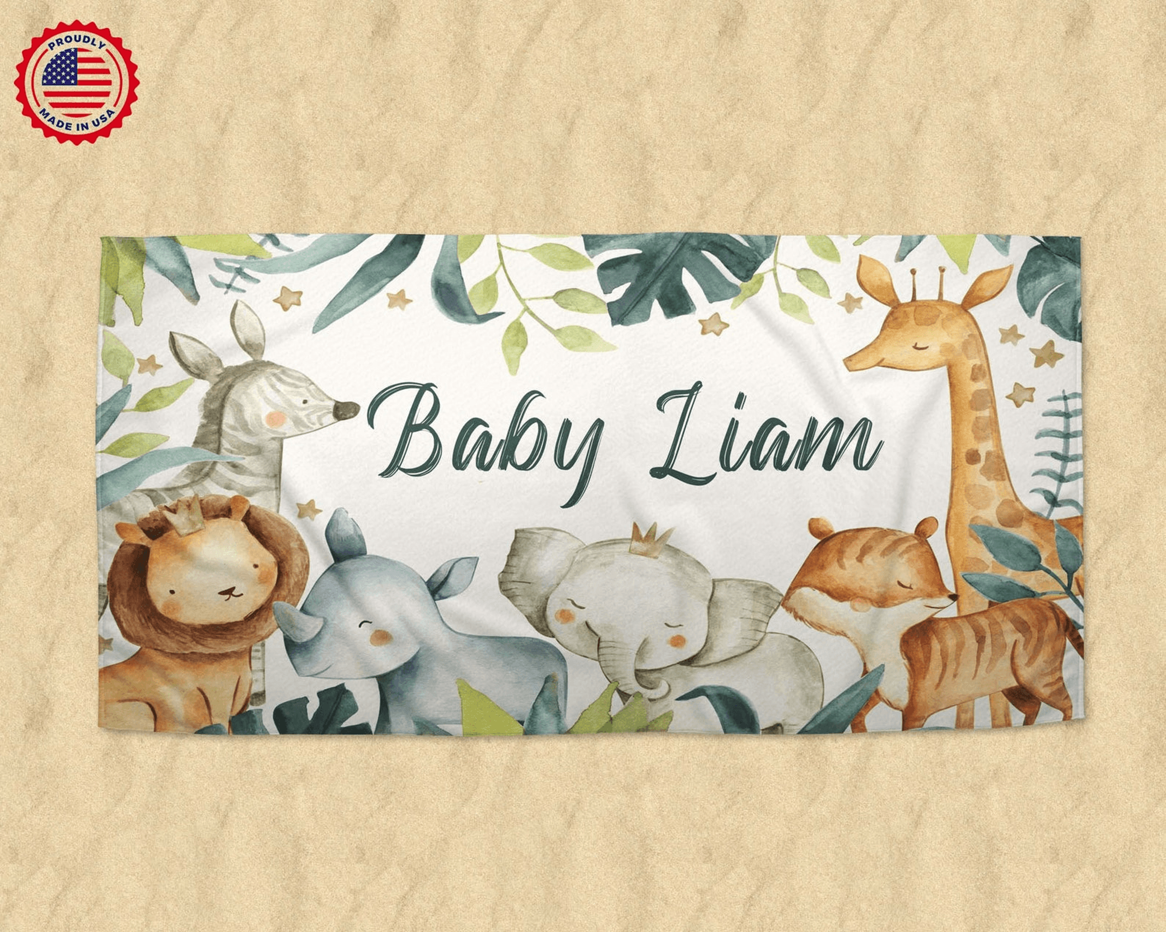 personalized woodland animal beach towel with name – custom kids safari pool towel