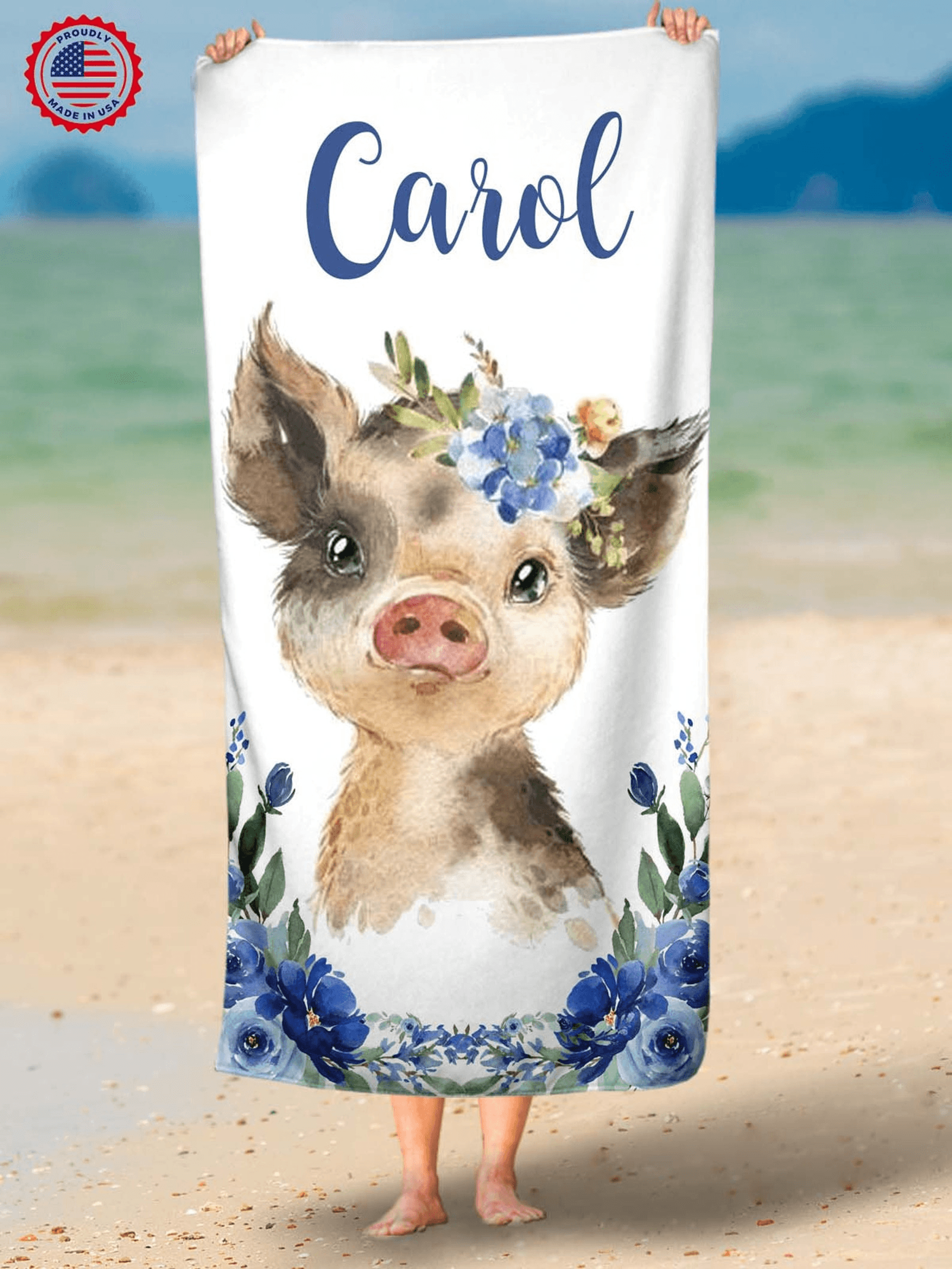 personalized watercolor floral pig beach towel with name – custom farm animal kids pool towel